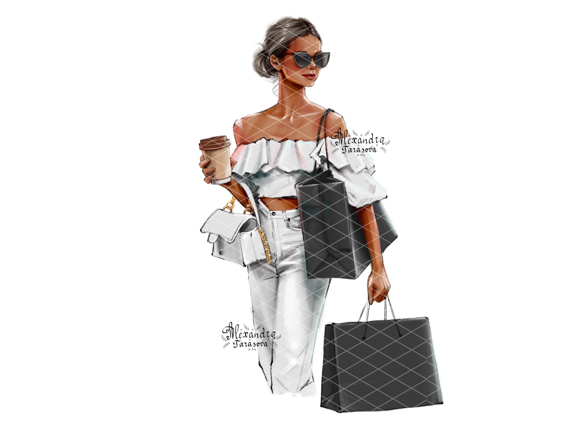 Instant Download Digital Watercolor Illustration Fashion Girl Trendy Hairstyles Shopping Black Bag Drawing Style Clipart Planner