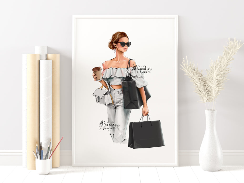 Instant Download Digital Watercolor Illustration Fashion Girl Trendy Hairstyles Shopping Black Bag Drawing Style Clipart Planner