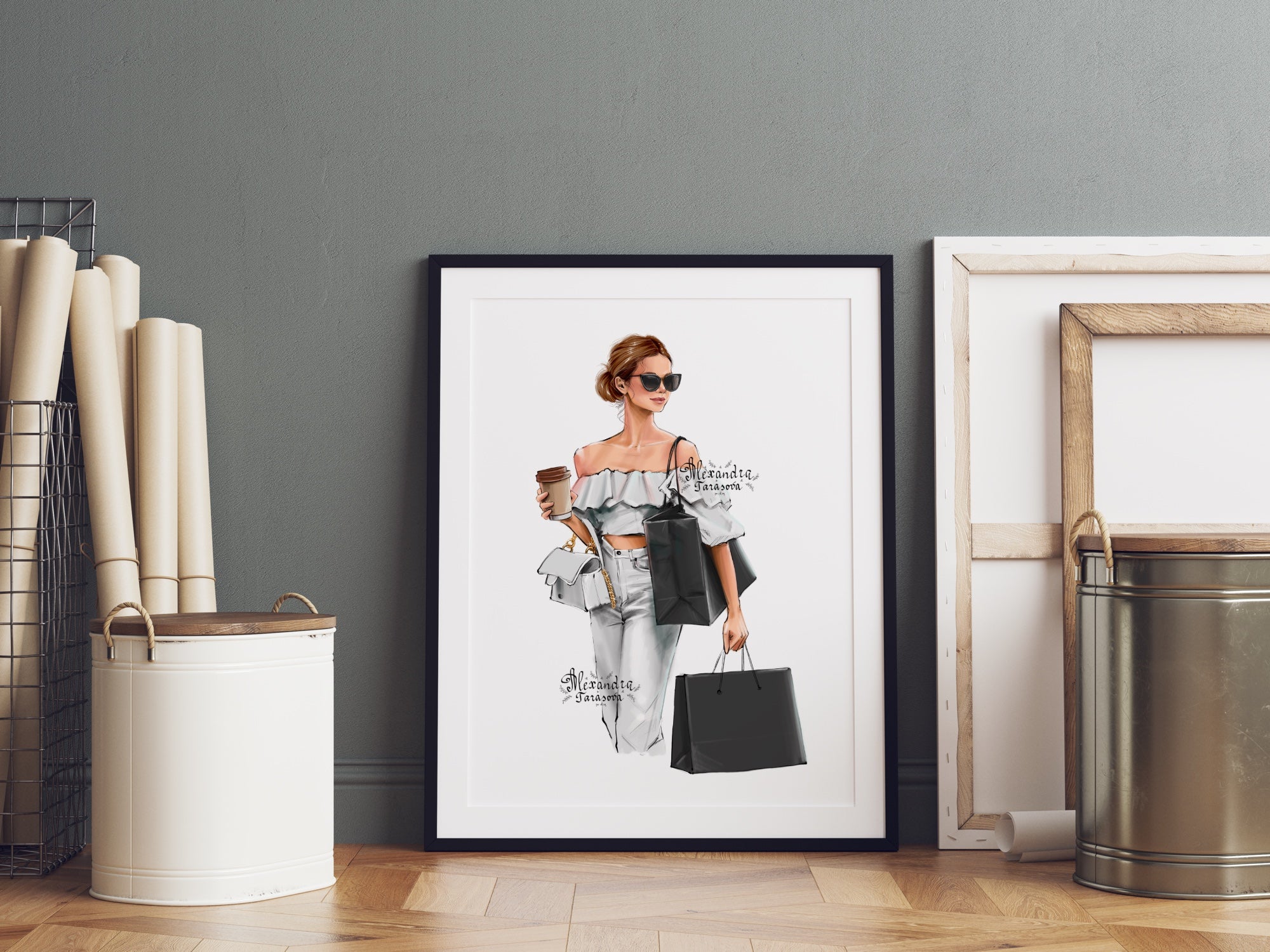 Instant Download Digital Watercolor Illustration Fashion Girl Trendy Hairstyles Shopping Black Bag Drawing Style Clipart Planner