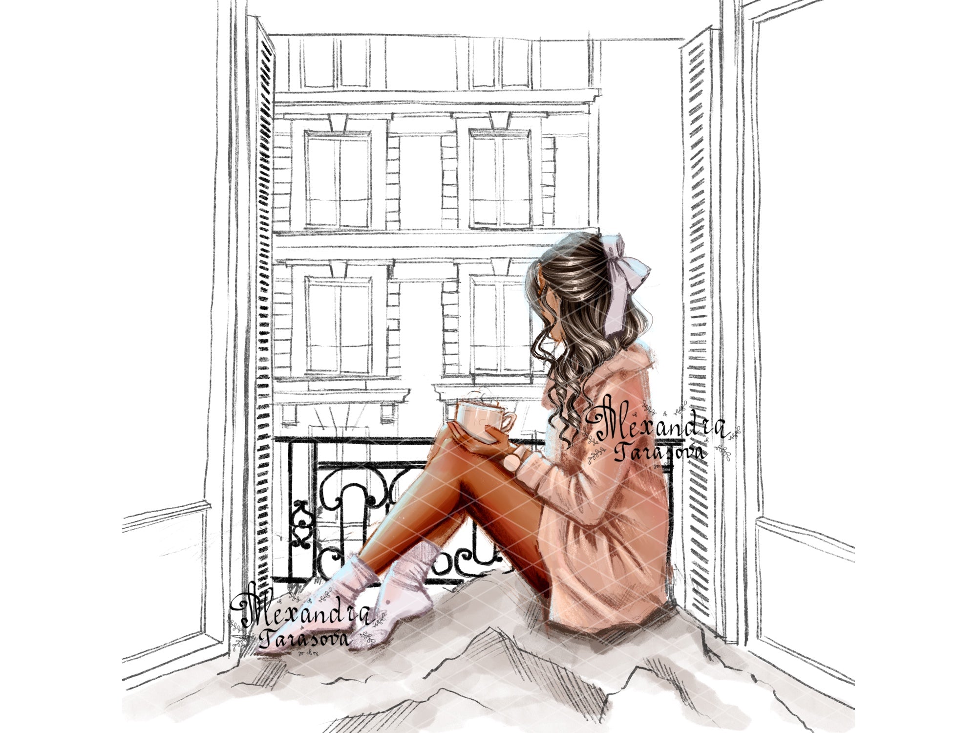 Digital Illustration Fashion Girl Watercolor Painting Window Paris Printable Art Clipart Stickers