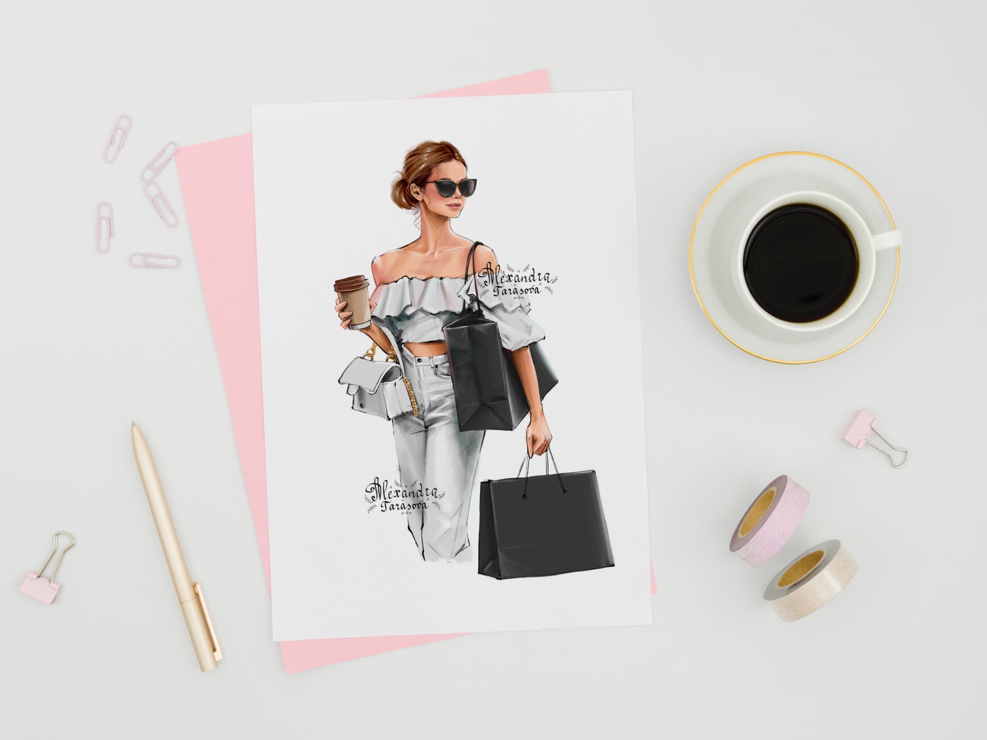 Instant Download Digital Watercolor Illustration Fashion Girl Trendy Hairstyles Shopping Black Bag Drawing Style Clipart Planner