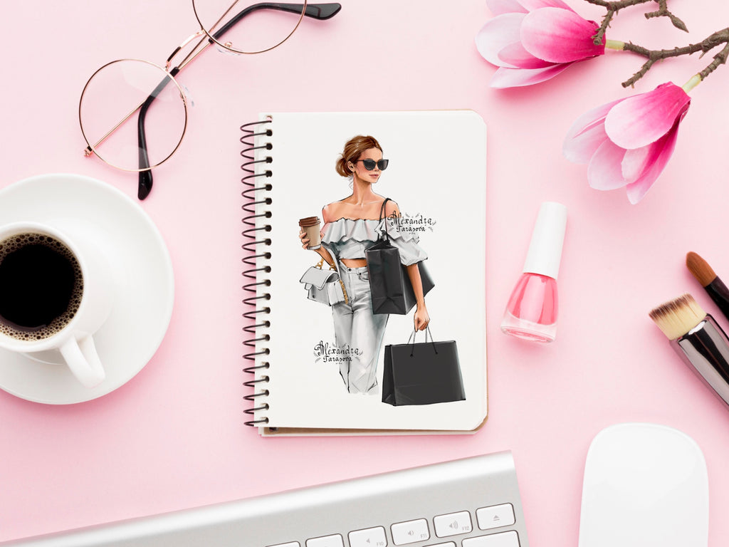Instant Download Digital Watercolor Illustration Fashion Girl Trendy Hairstyles Shopping Black Bag Drawing Style Clipart Planner