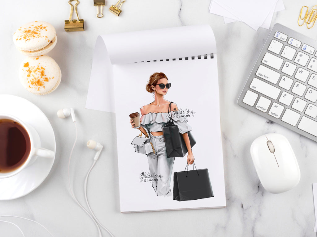 Instant Download Digital Watercolor Illustration Fashion Girl Trendy Hairstyles Shopping Black Bag Drawing Style Clipart Planner