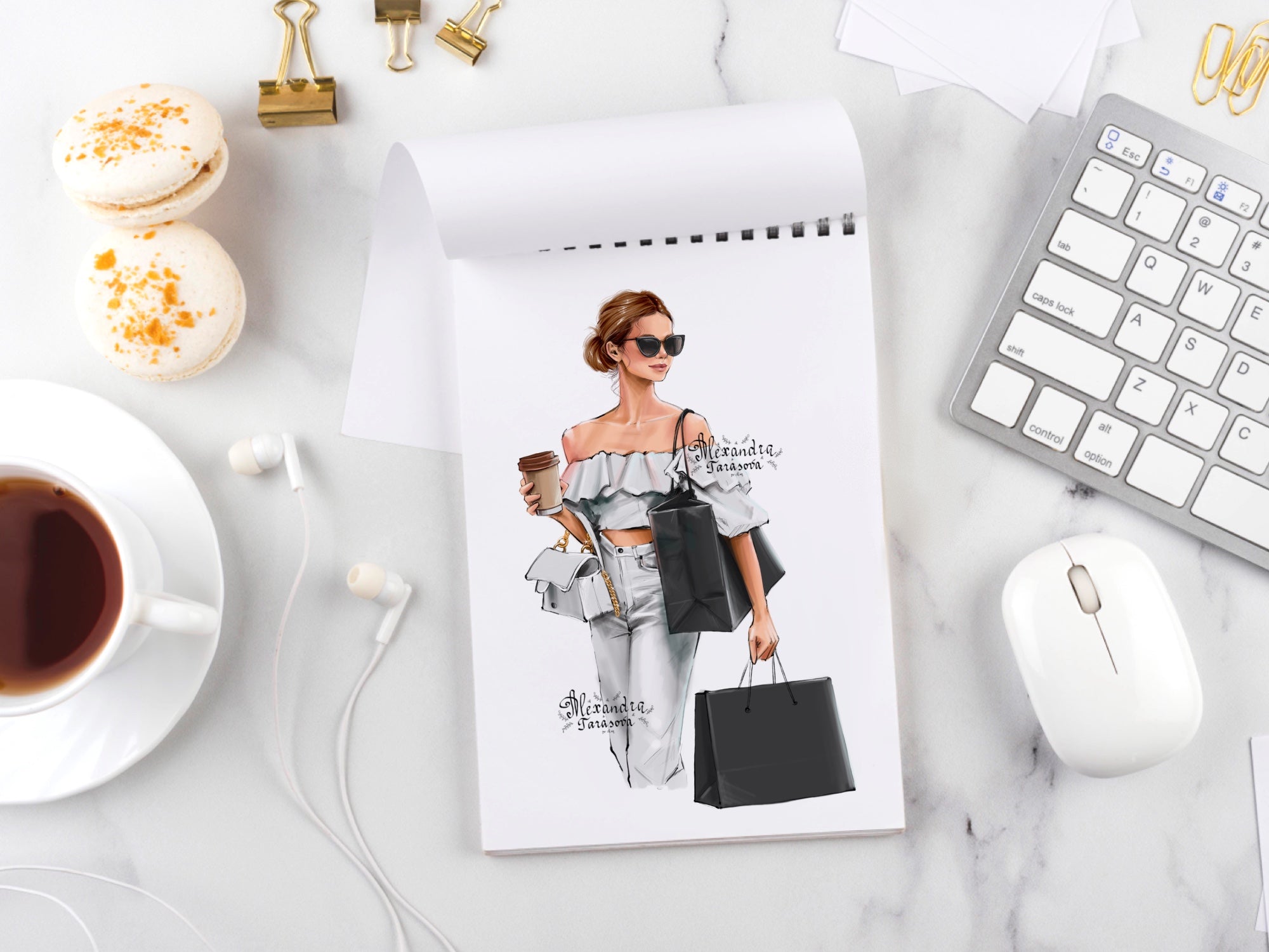 Instant Download Digital Watercolor Illustration Fashion Girl Trendy Hairstyles Shopping Black Bag Drawing Style Clipart Planner