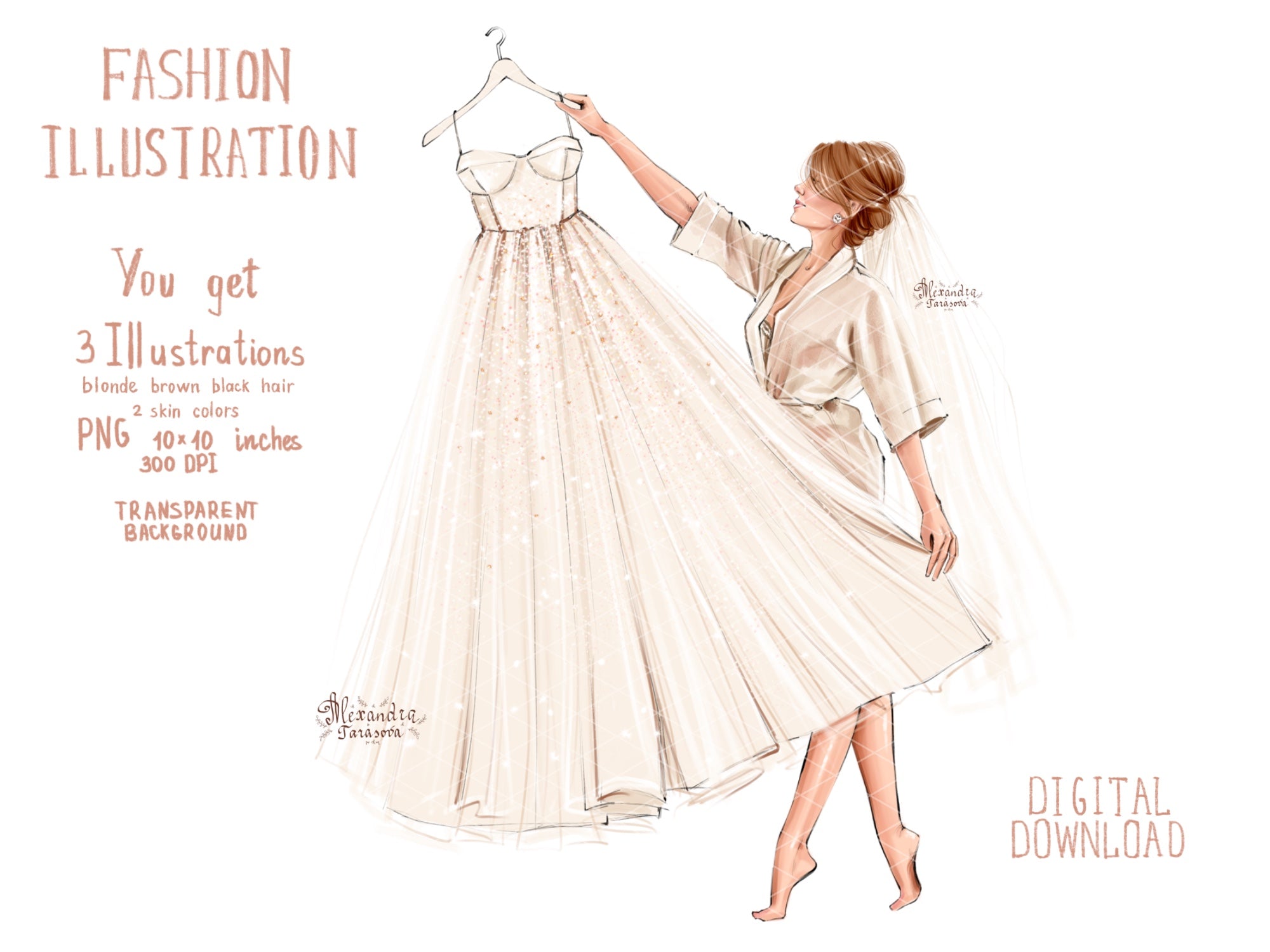 Instant Download Fashion Illustration Stylish Bride Wedding Drawing White Dress Clipart Png Files Printable Art Blond Brown Hairstyles
