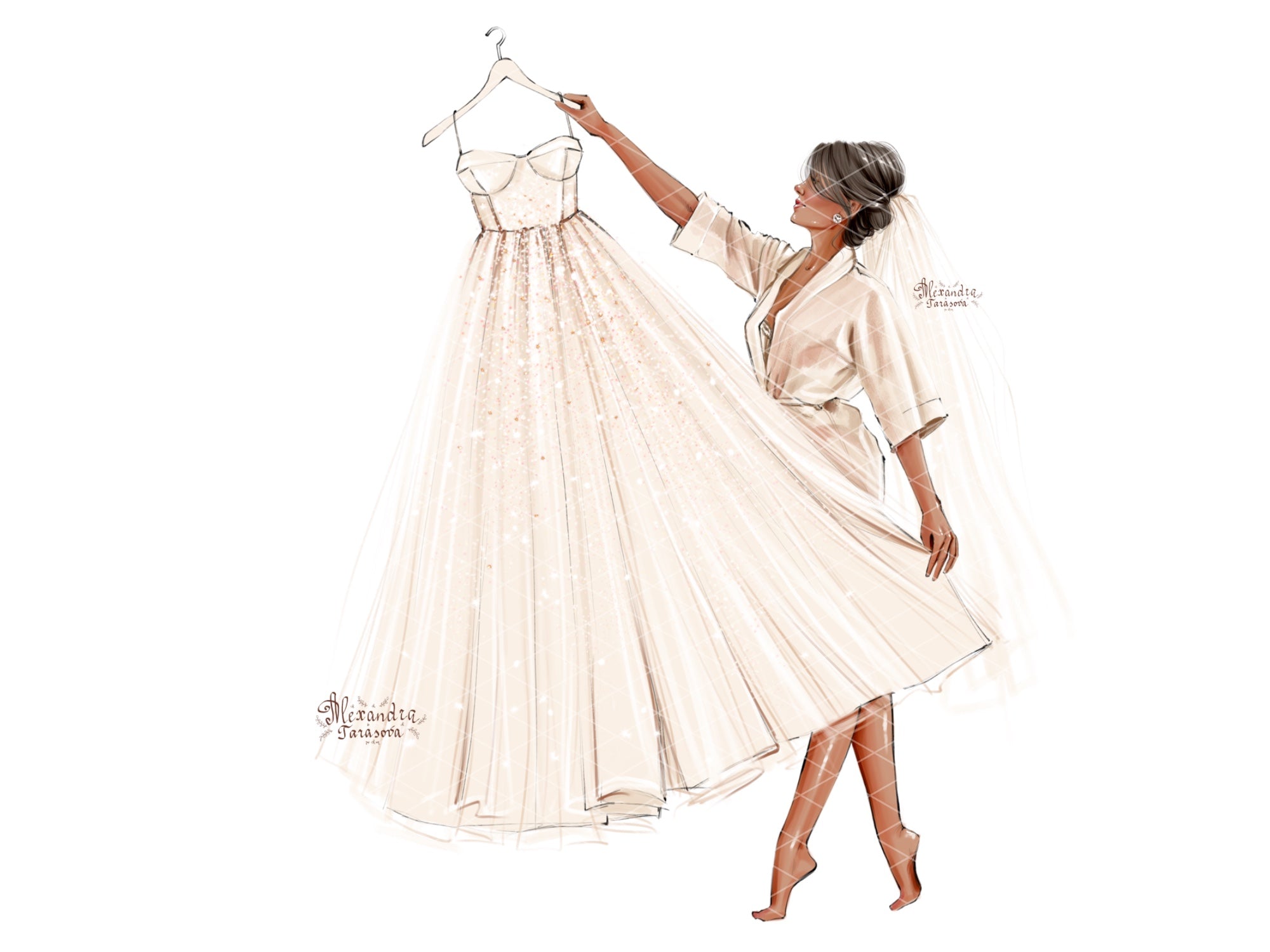 Instant Download Fashion Illustration Stylish Bride Wedding Drawing White Dress Clipart Png Files Printable Art Blond Brown Hairstyles
