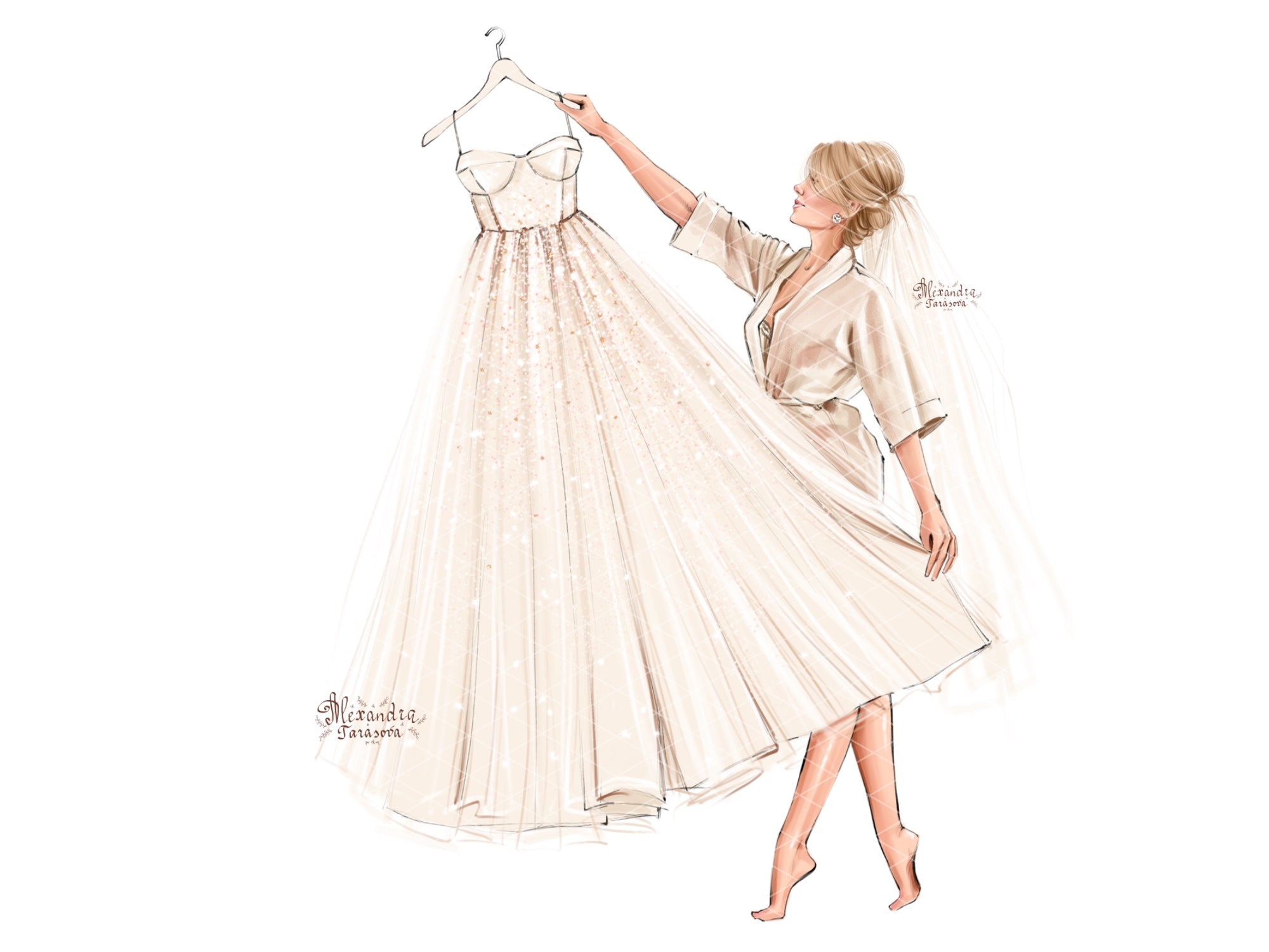 Instant Download Fashion Illustration Stylish Bride Wedding Drawing White Dress Clipart Png Files Printable Art Blond Brown Hairstyles