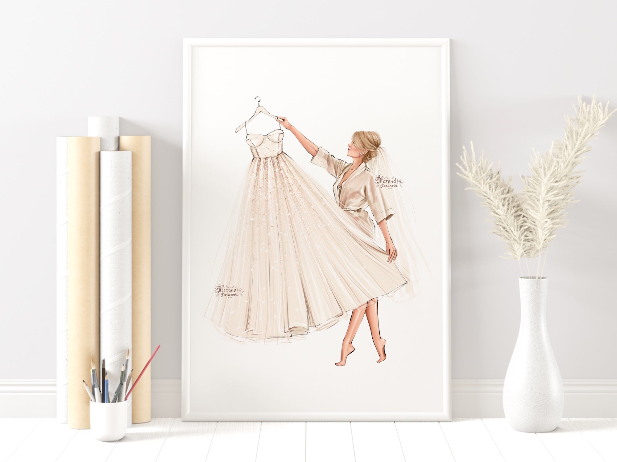 Instant Download Fashion Illustration Stylish Bride Wedding Drawing White Dress Clipart Png Files Printable Art Blond Brown Hairstyles