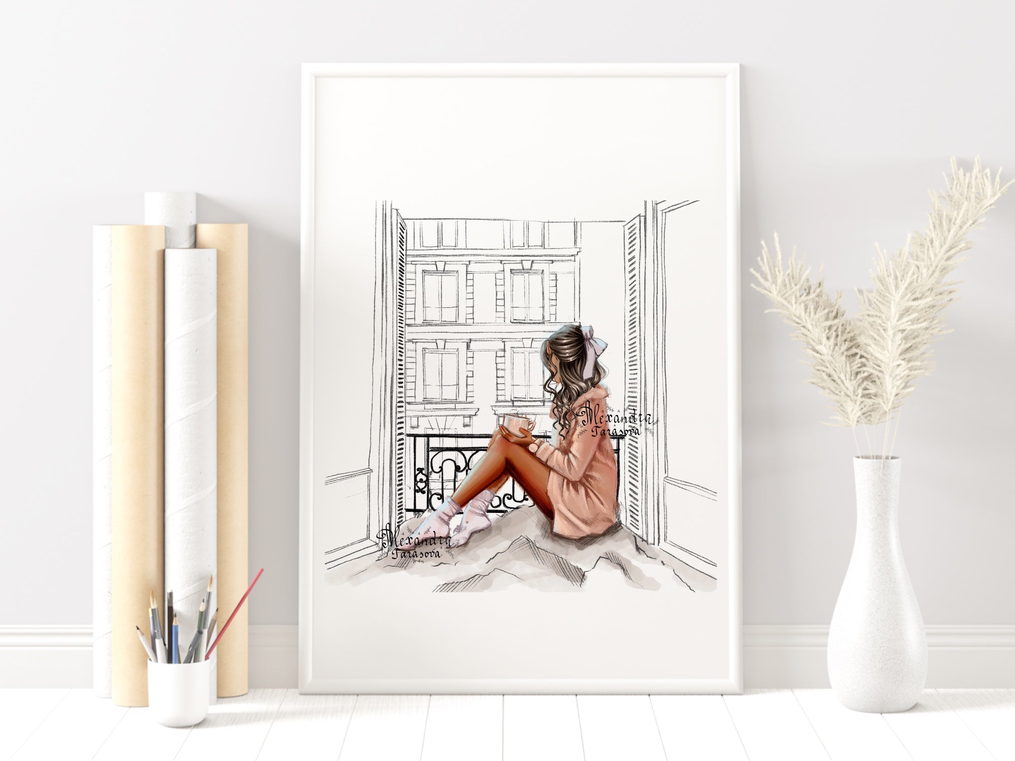 Digital Illustration Fashion Girl Watercolor Painting Window Paris Printable Art Clipart Stickers