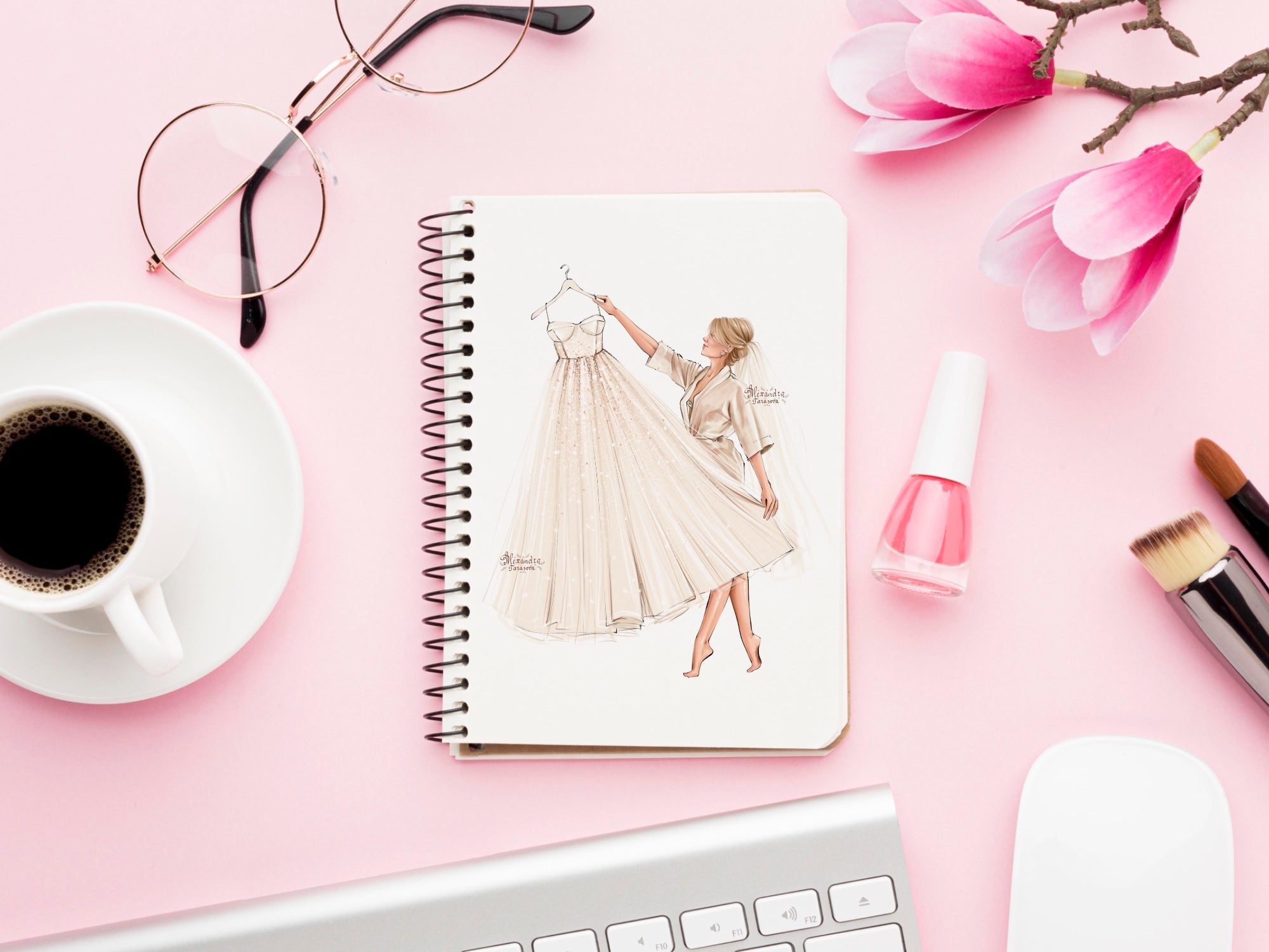 Instant Download Fashion Illustration Stylish Bride Wedding Drawing White Dress Clipart Png Files Printable Art Blond Brown Hairstyles