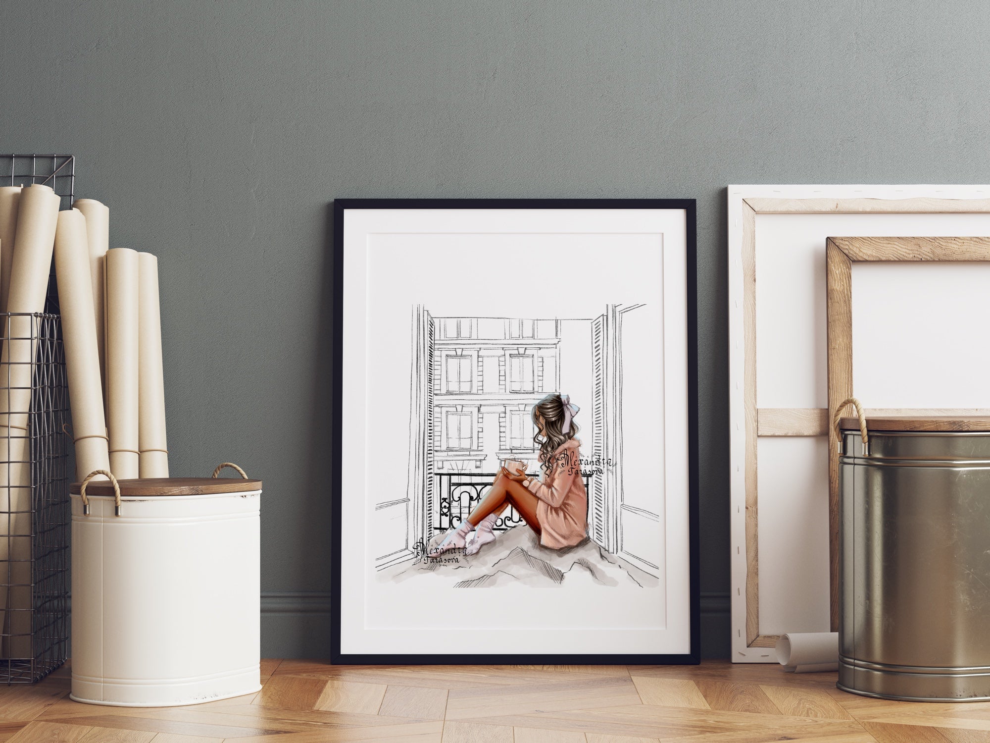 Digital Illustration Fashion Girl Watercolor Painting Window Paris Printable Art Clipart Stickers