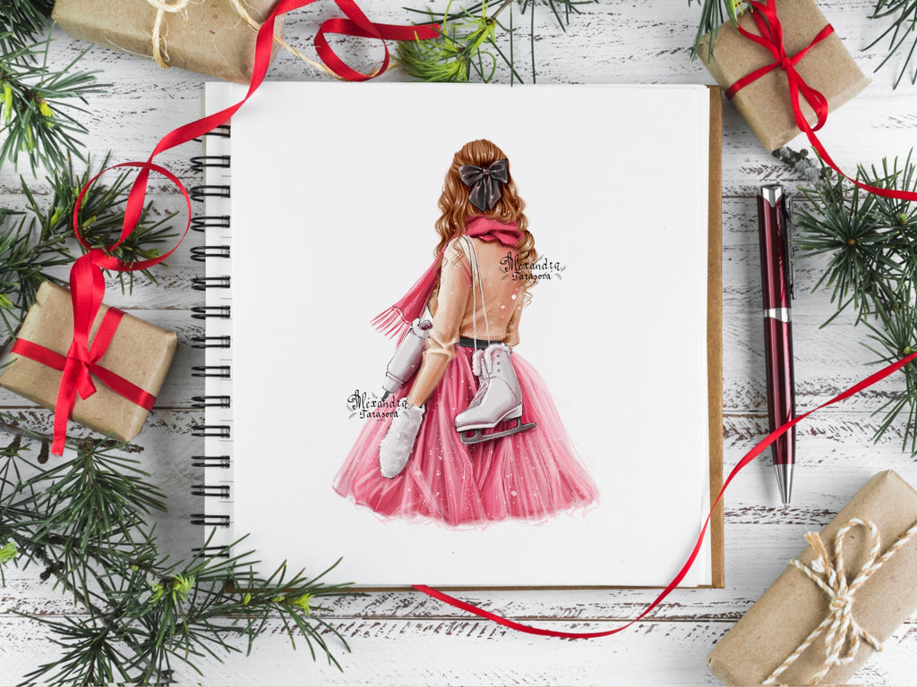Instant Download Fashion Girl Winter Holiday Pink Skirt Trendy Hairstyles Blond Brown Brunette Clipart Stickers Planner Dashboard Cover