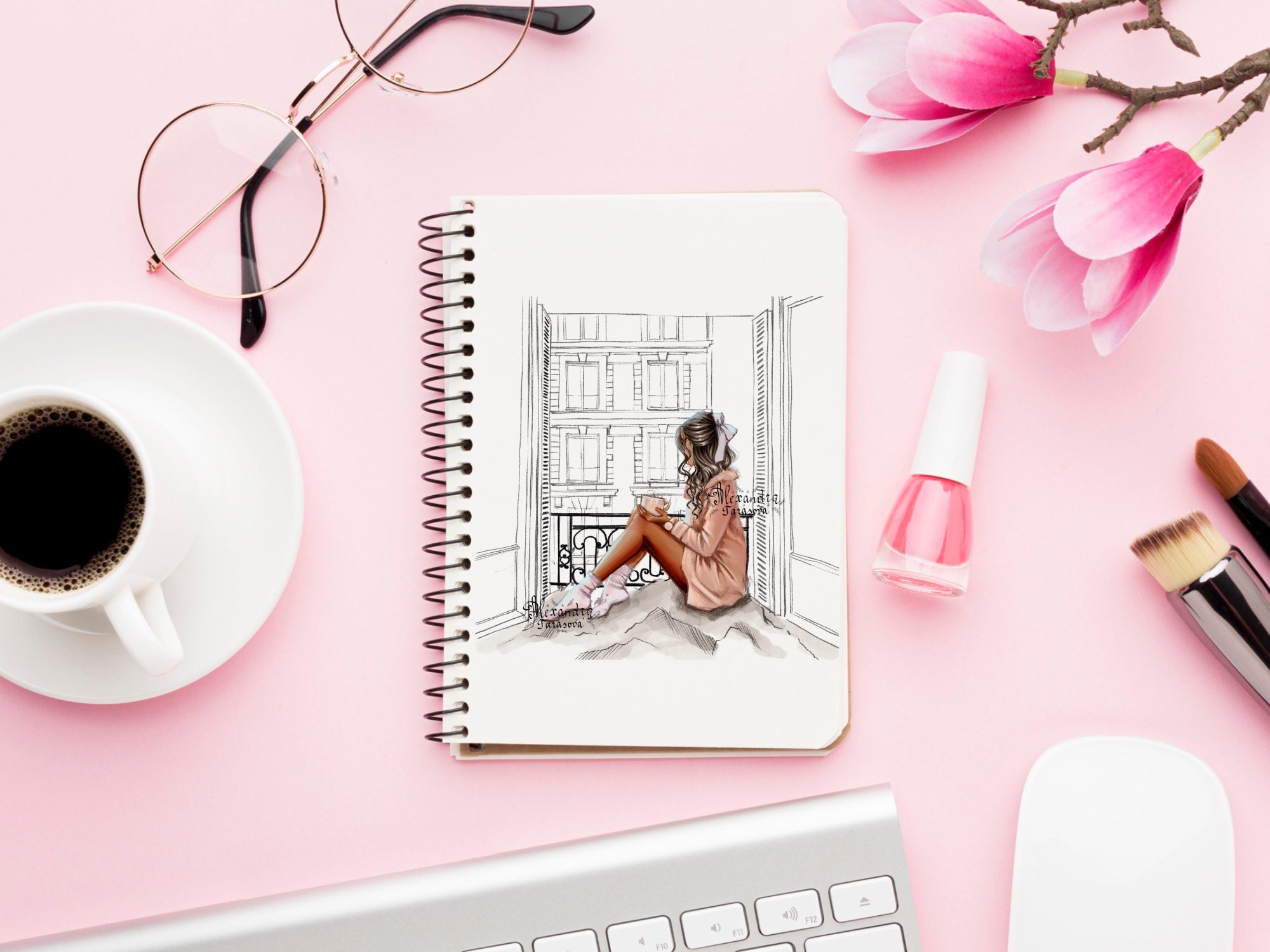 Digital Illustration Fashion Girl Watercolor Painting Window Paris Printable Art Clipart Stickers