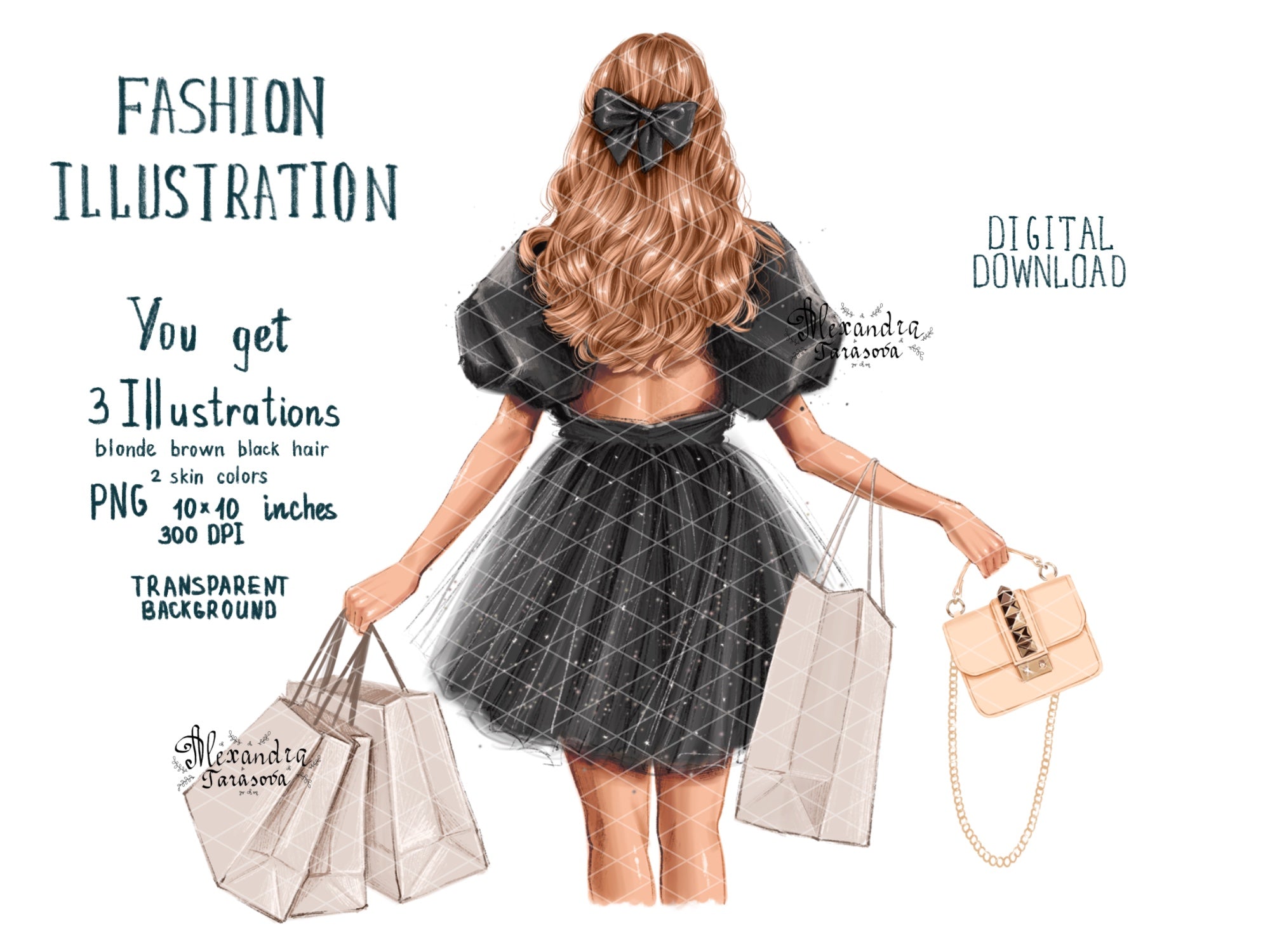 Fashion Girl Digital Illustration Shopping Bag Trendy Hairstyles Instant  Download Drawing Picture Printable Art Png Transparent Background