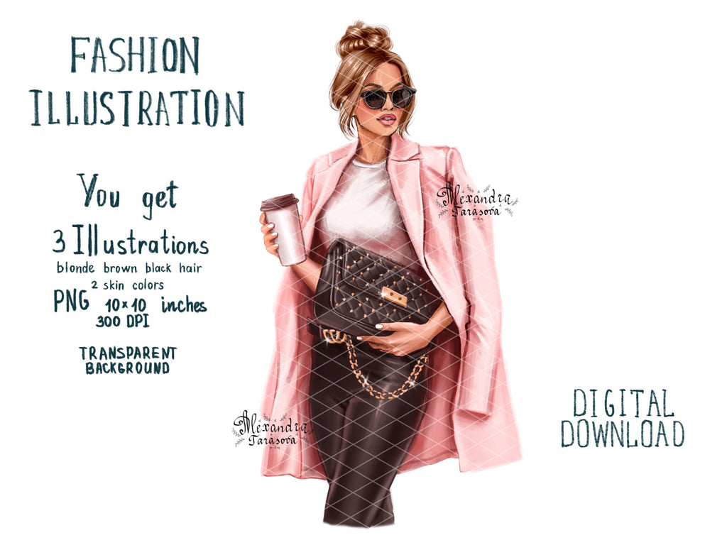 Digital Watercolor Illustration Woman Boss Girl Pink Coat Jacket Black Jeans Denim Black Bag Printable Art Clipart
