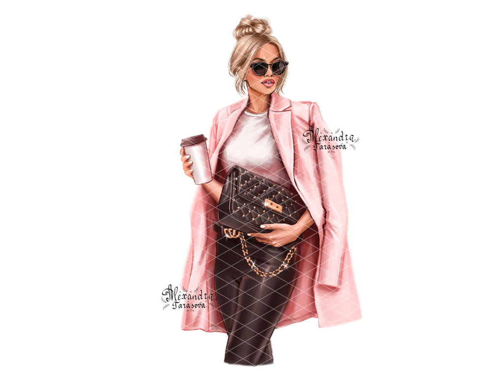 Digital Watercolor Illustration Woman Boss Girl Pink Coat Jacket Black Jeans Denim Black Bag Printable Art Clipart