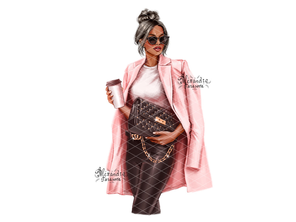Digital Watercolor Illustration Woman Boss Girl Pink Coat Jacket Black Jeans Denim Black Bag Printable Art Clipart