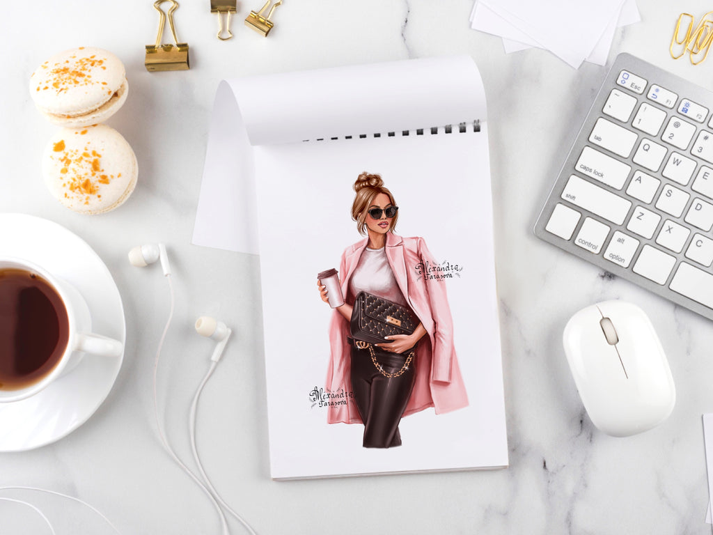 Digital Watercolor Illustration Woman Boss Girl Pink Coat Jacket Black Jeans Denim Black Bag Printable Art Clipart