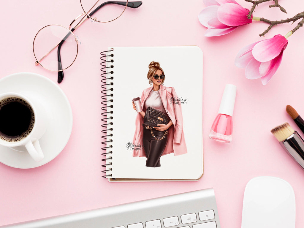 Digital Watercolor Illustration Woman Boss Girl Pink Coat Jacket Black Jeans Denim Black Bag Printable Art Clipart