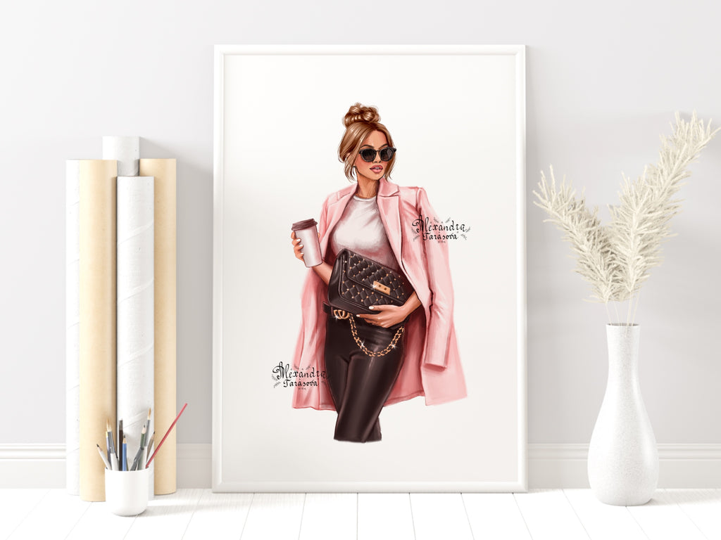 Digital Watercolor Illustration Woman Boss Girl Pink Coat Jacket Black Jeans Denim Black Bag Printable Art Clipart