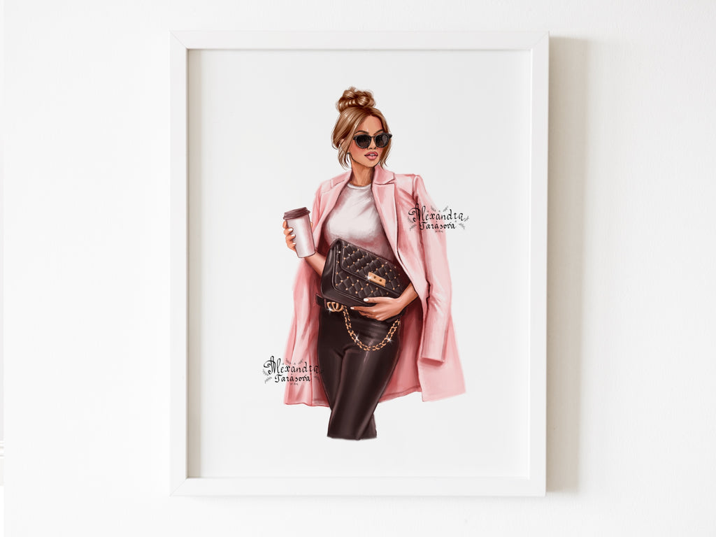 Digital Watercolor Illustration Woman Boss Girl Pink Coat Jacket Black Jeans Denim Black Bag Printable Art Clipart