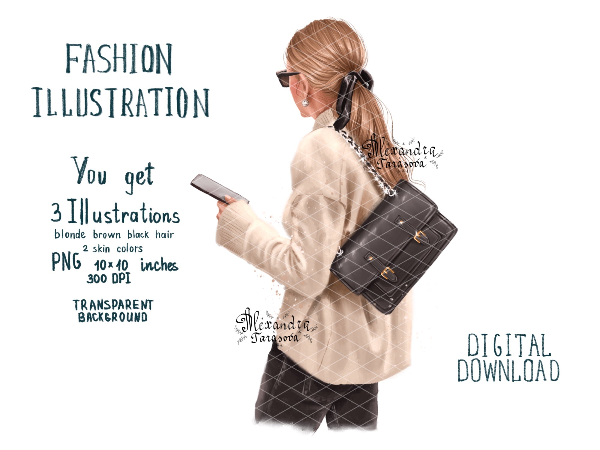 Digital Illustration Fashion Girl Trendy Hairstyles Ponytail Beige Sweater Stylish Black Bag Watercolor Painting Art