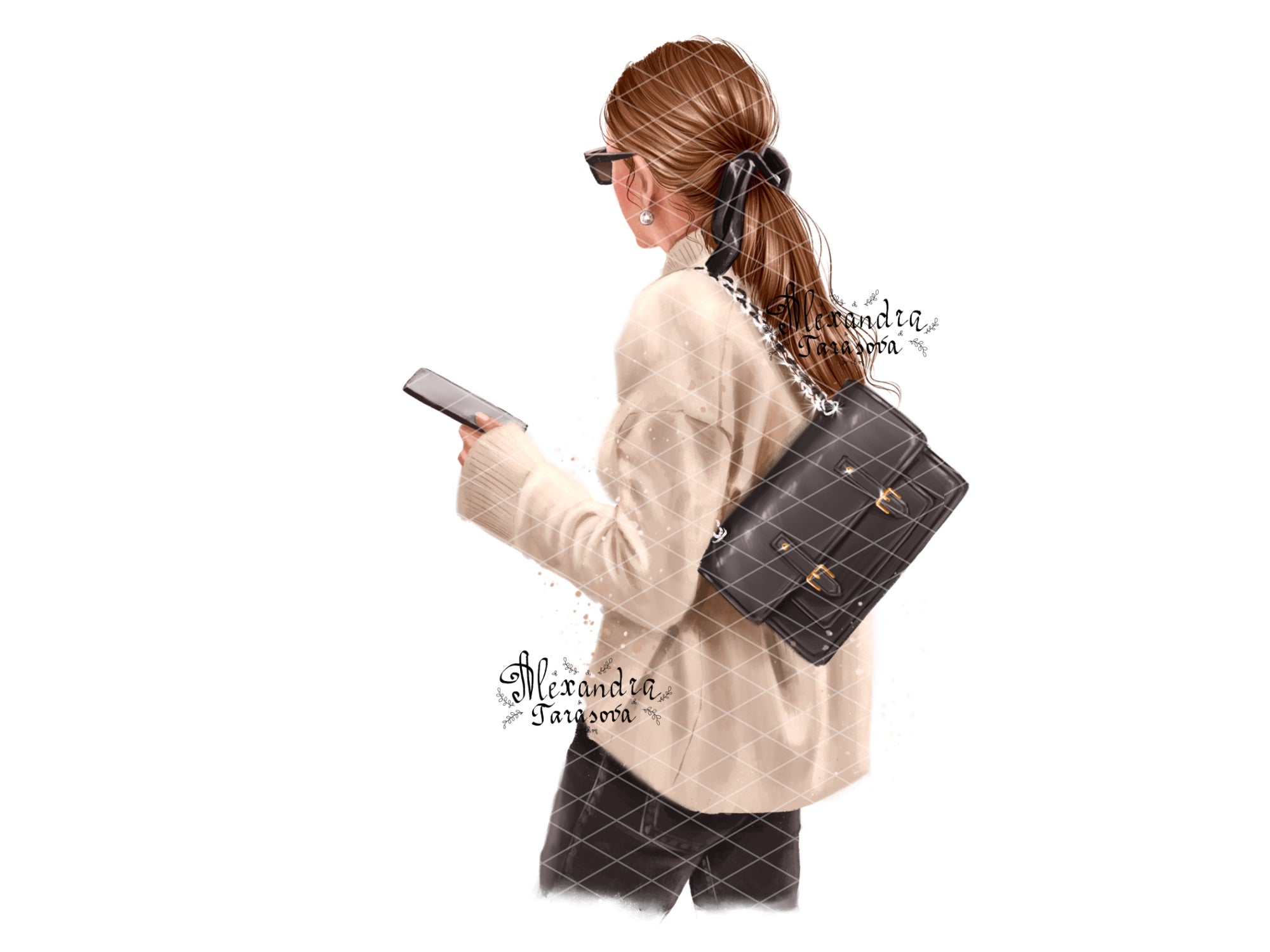 Digital Illustration Fashion Girl Trendy Hairstyles Ponytail Beige Sweater Stylish Black Bag Watercolor Painting Art