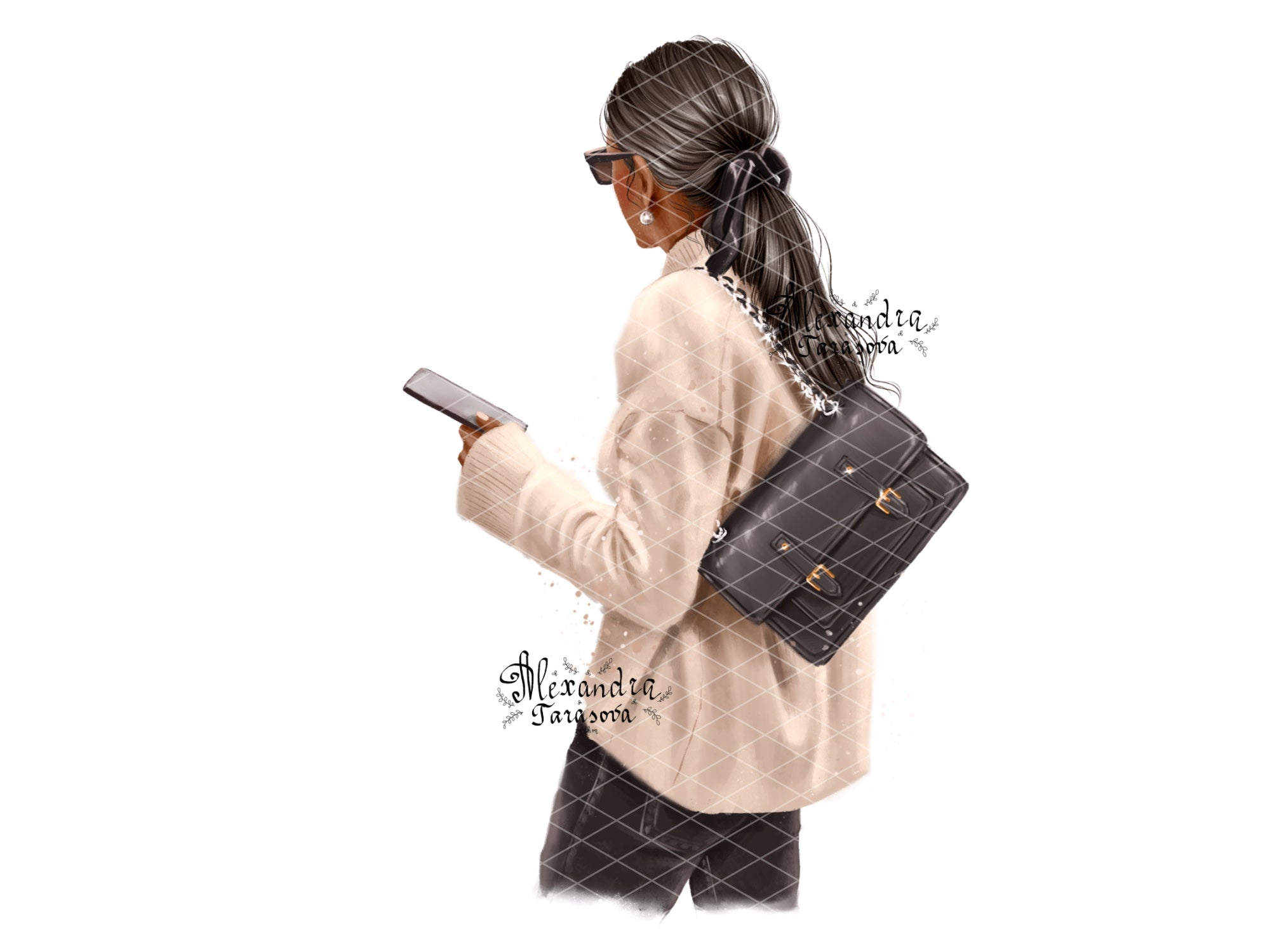Digital Illustration Fashion Girl Trendy Hairstyles Ponytail Beige Sweater Stylish Black Bag Watercolor Painting Art