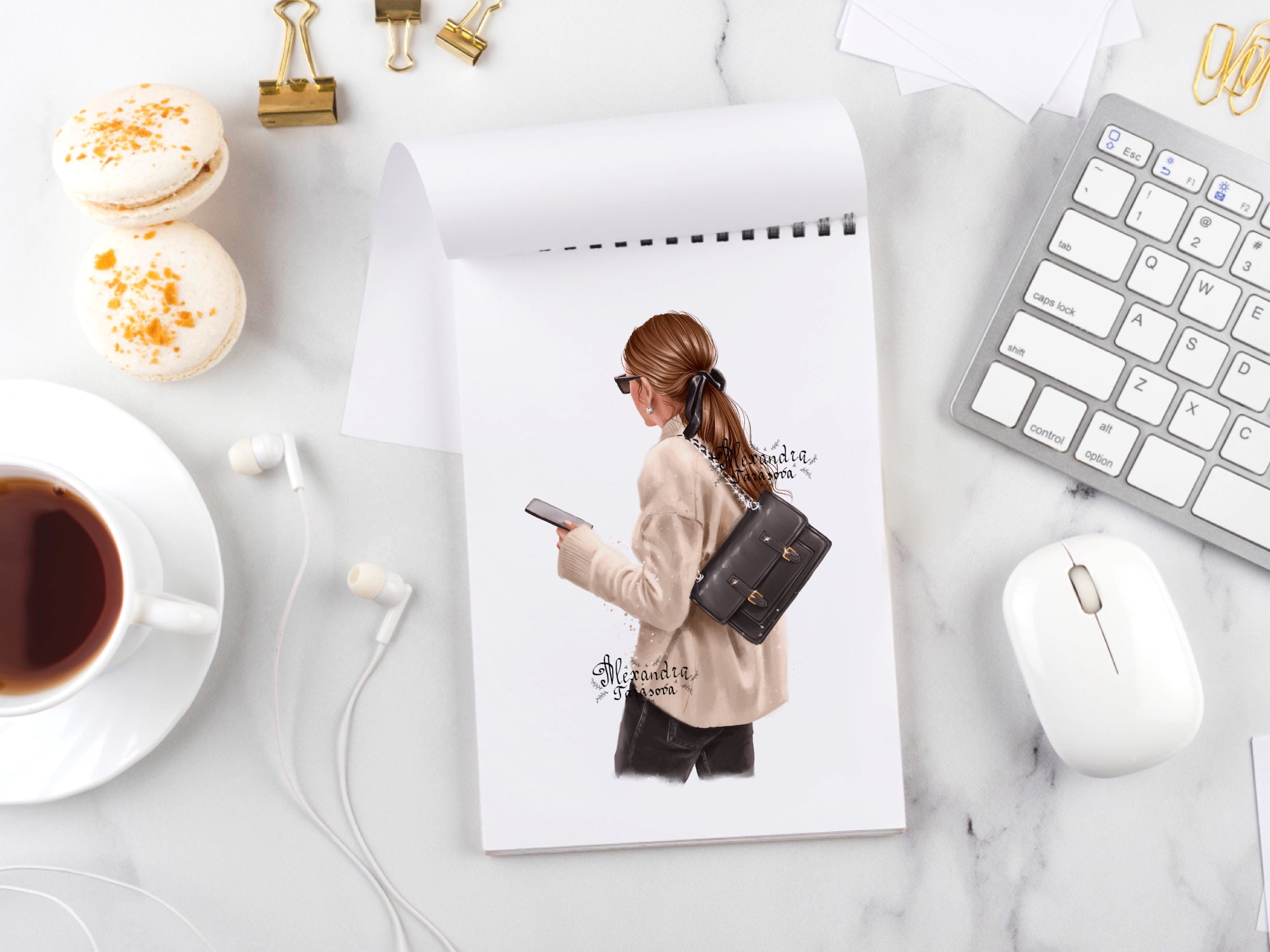 Digital Illustration Fashion Girl Trendy Hairstyles Ponytail Beige Sweater Stylish Black Bag Watercolor Painting Art