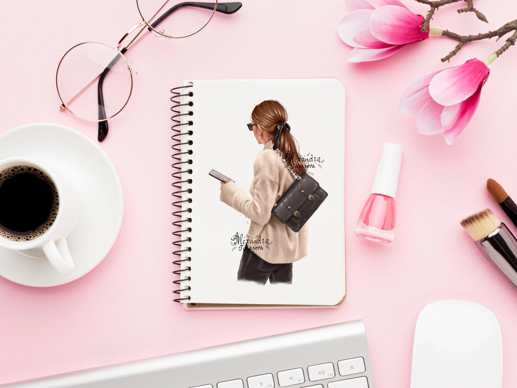 Digital Illustration Fashion Girl Trendy Hairstyles Ponytail Beige Sweater Stylish Black Bag Watercolor Painting Art