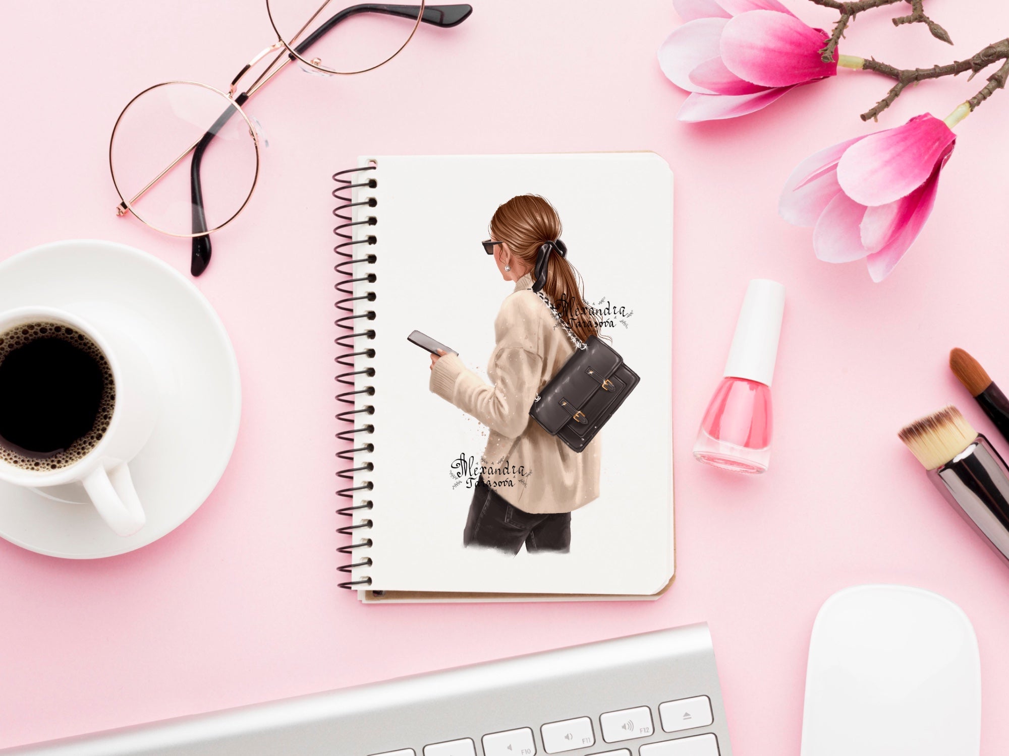 Digital Illustration Fashion Girl Trendy Hairstyles Ponytail Beige Sweater Stylish Black Bag Watercolor Painting Art