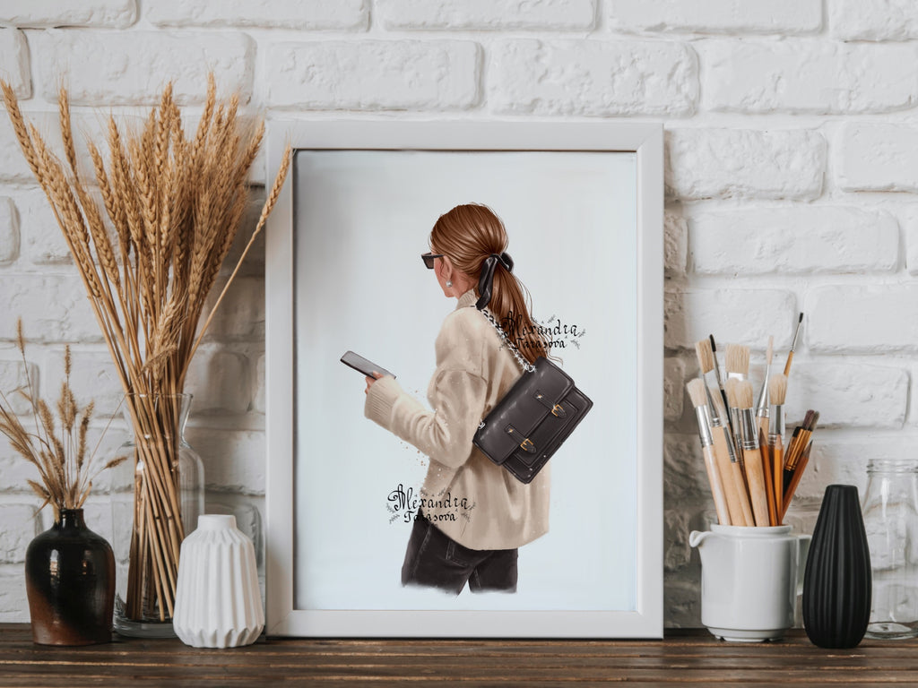 Digital Illustration Fashion Girl Trendy Hairstyles Ponytail Beige Sweater Stylish Black Bag Watercolor Painting Art