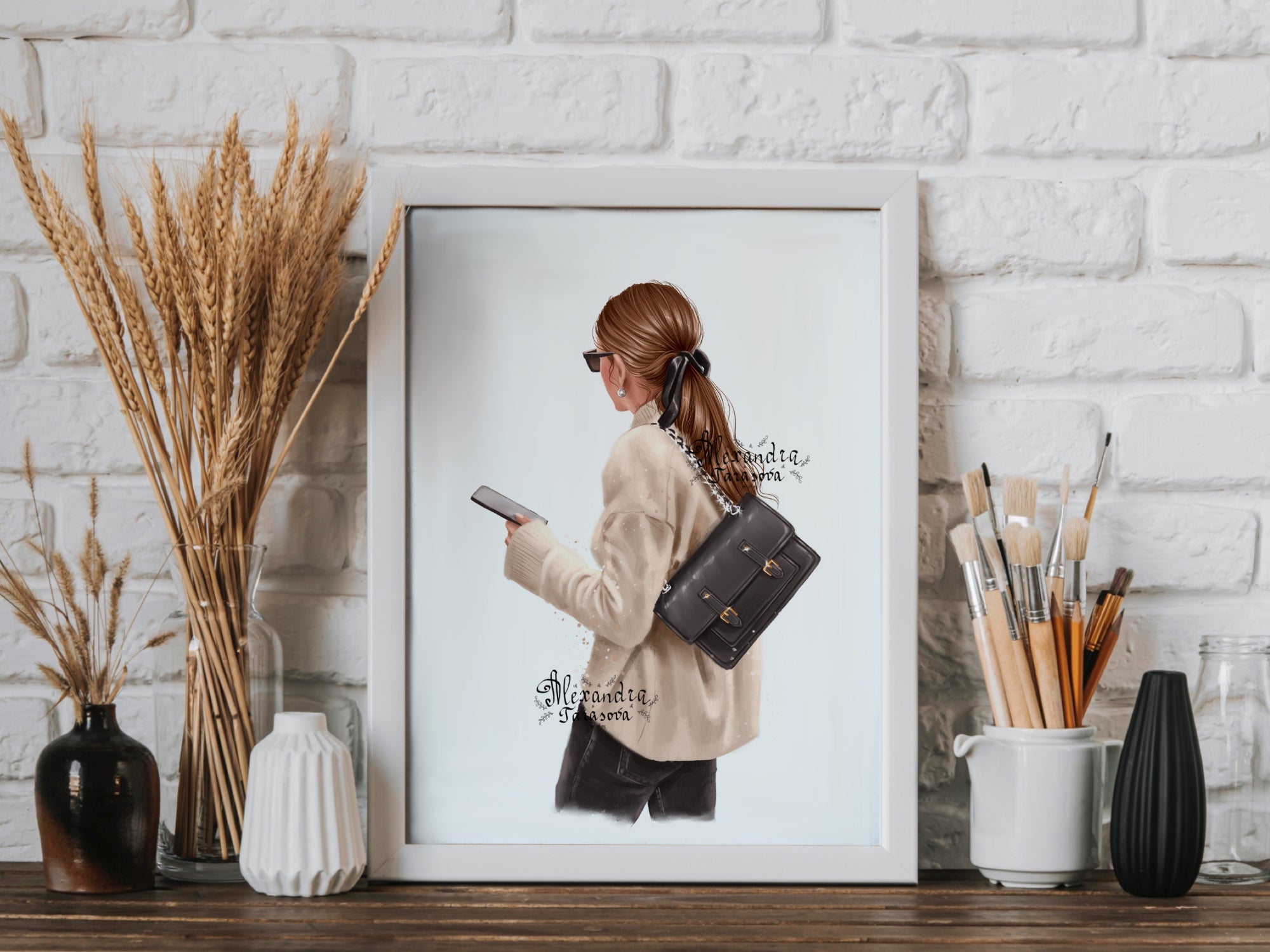 Digital Illustration Fashion Girl Trendy Hairstyles Ponytail Beige Sweater Stylish Black Bag Watercolor Painting Art