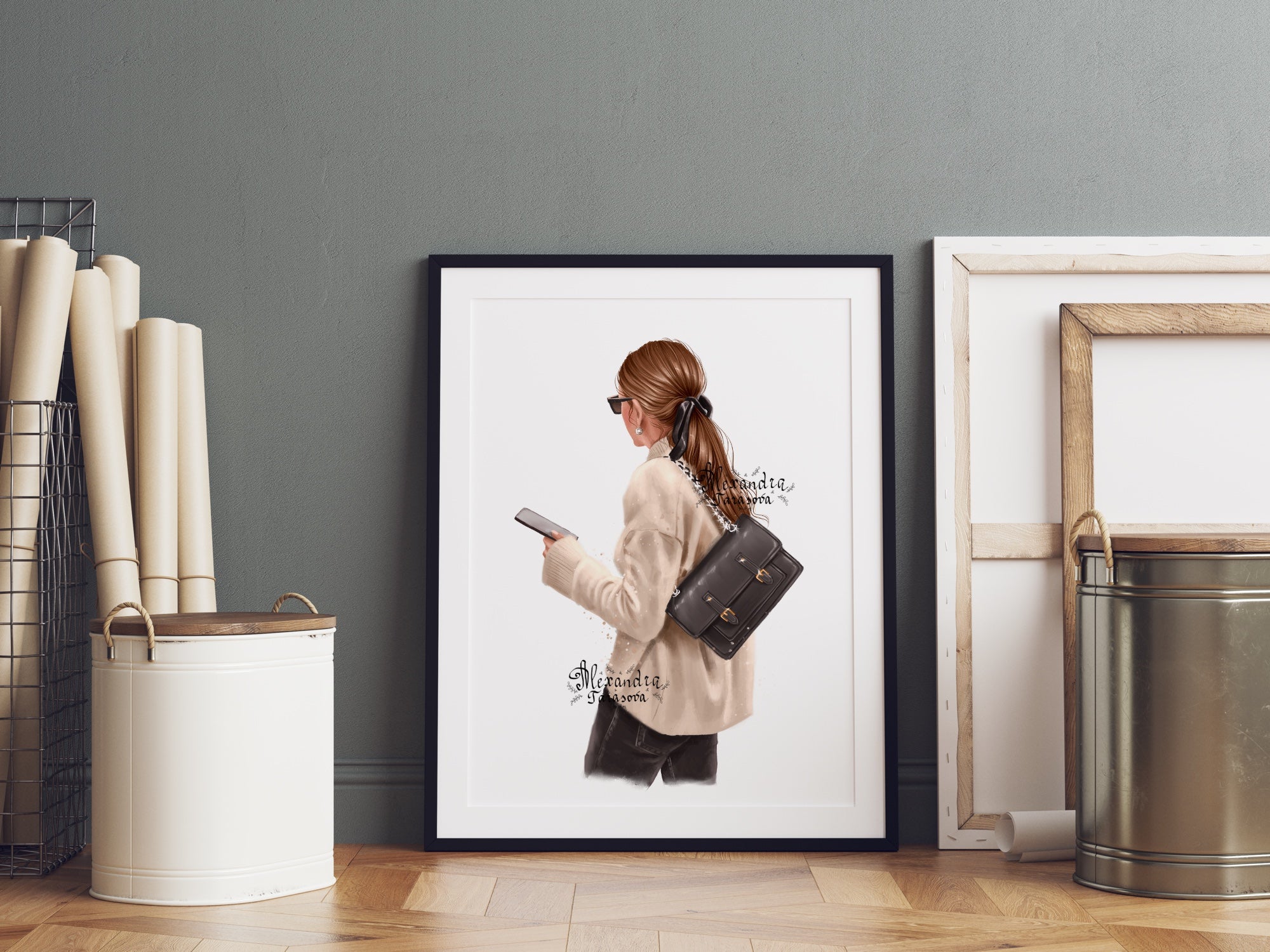 Digital Illustration Fashion Girl Trendy Hairstyles Ponytail Beige Sweater Stylish Black Bag Watercolor Painting Art
