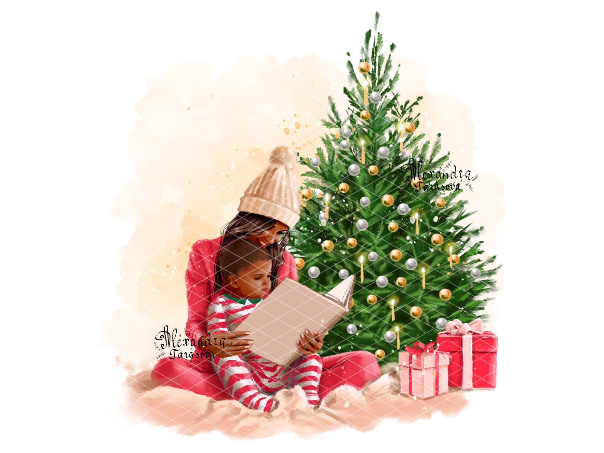 Digital Watercolor Illustration Fashion Mother And Son Christmas  Tree Holiday Gifts Home Decor Printable Art Clipart Painting Planner