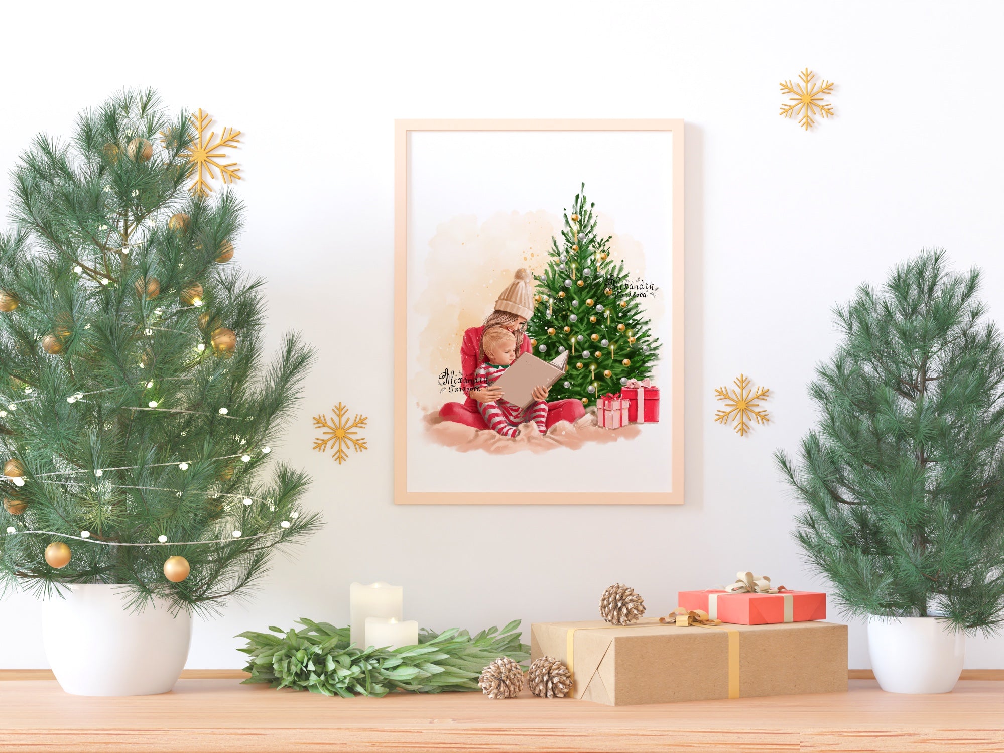 Digital Watercolor Illustration Fashion Mother And Son Christmas  Tree Holiday Gifts Home Decor Printable Art Clipart Painting Planner