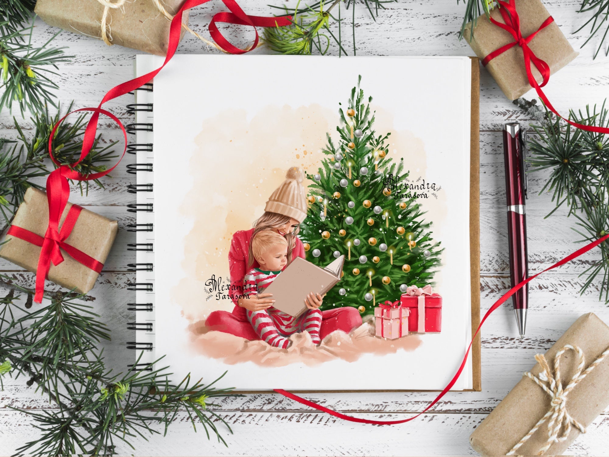 Digital Watercolor Illustration Fashion Mother And Son Christmas  Tree Holiday Gifts Home Decor Printable Art Clipart Painting Planner