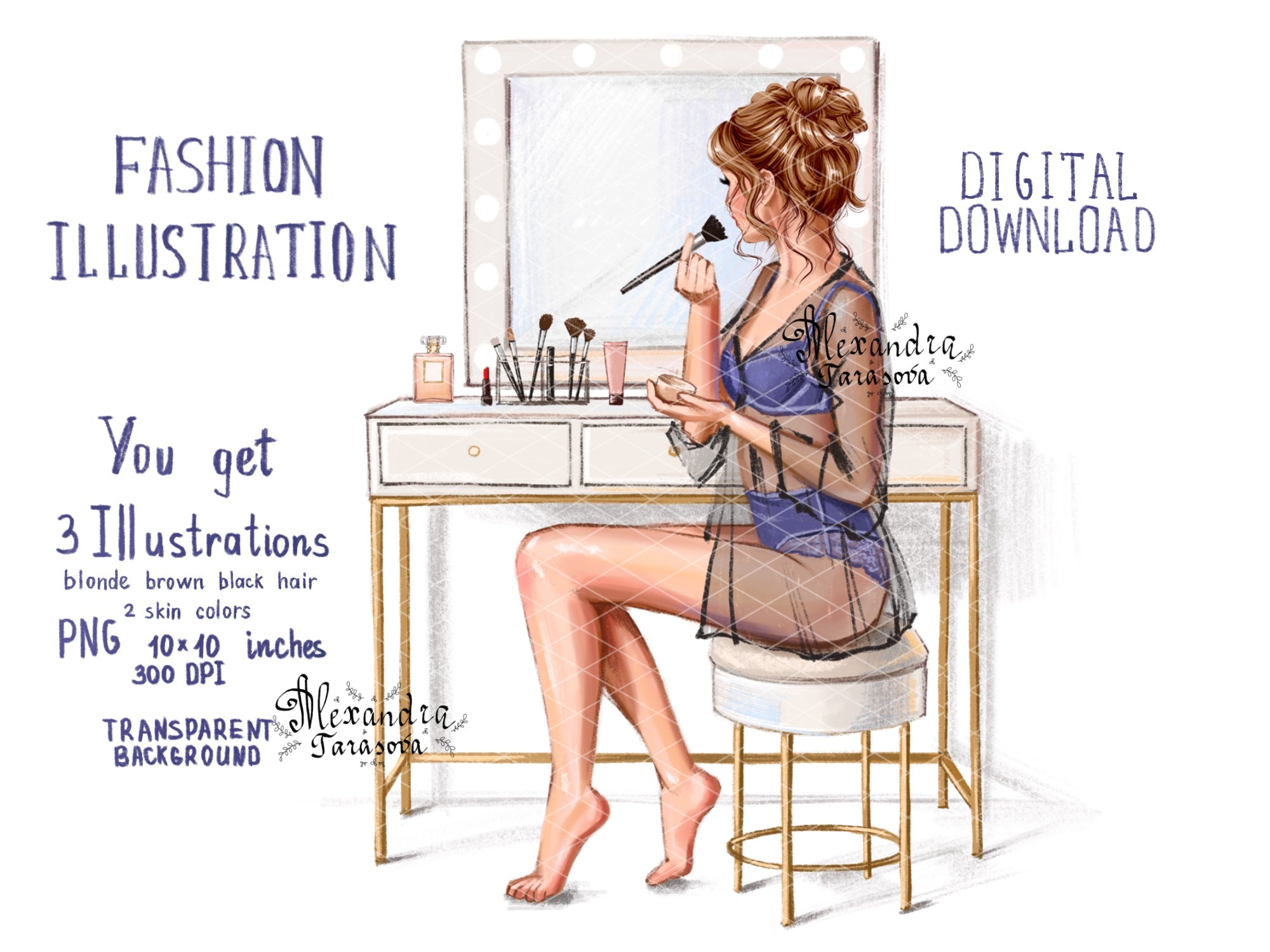 Instant Download Fashion Illustration Stylish Girl Beauty Mirror Cosmetics Clipart Stickers Printable Art Watercolor Painting Trendy Hair