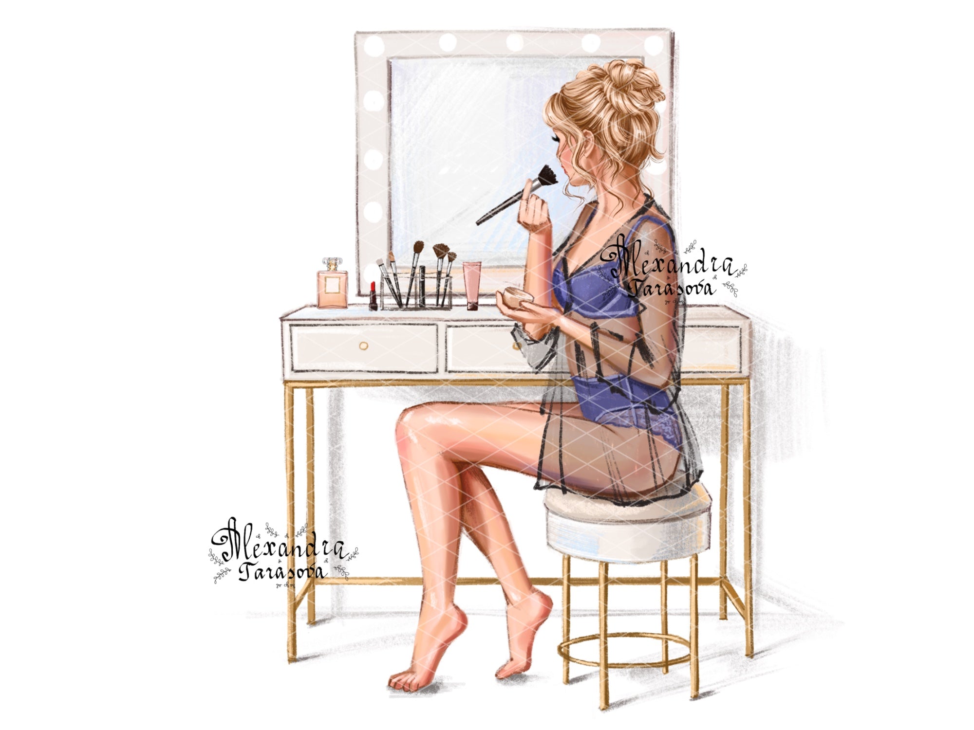 Instant Download Fashion Illustration Stylish Girl Beauty Mirror Cosmetics Clipart Stickers Printable Art Watercolor Painting Trendy Hair