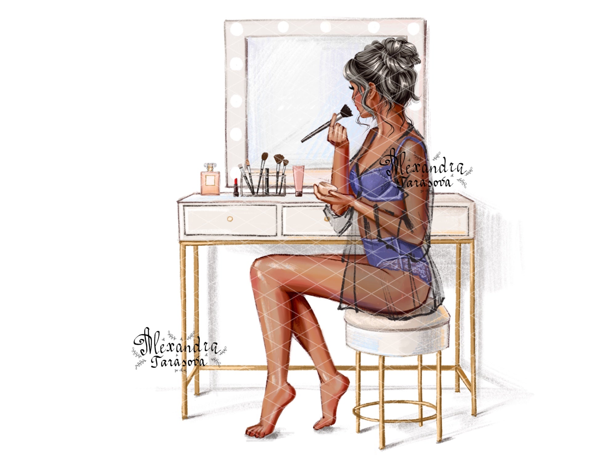 Instant Download Fashion Illustration Stylish Girl Beauty Mirror Cosmetics Clipart Stickers Printable Art Watercolor Painting Trendy Hair