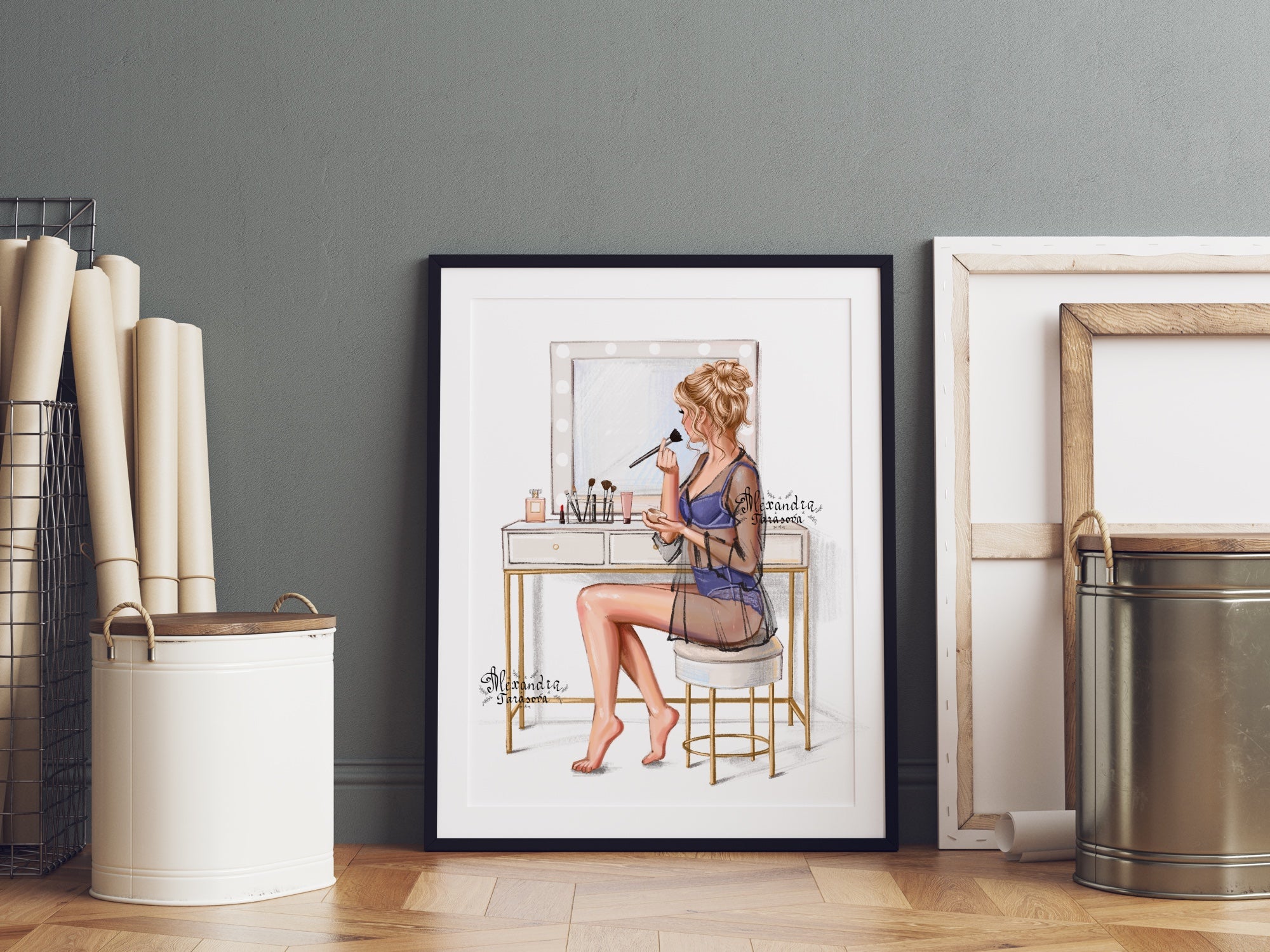 Instant Download Fashion Illustration Stylish Girl Beauty Mirror Cosmetics Clipart Stickers Printable Art Watercolor Painting Trendy Hair
