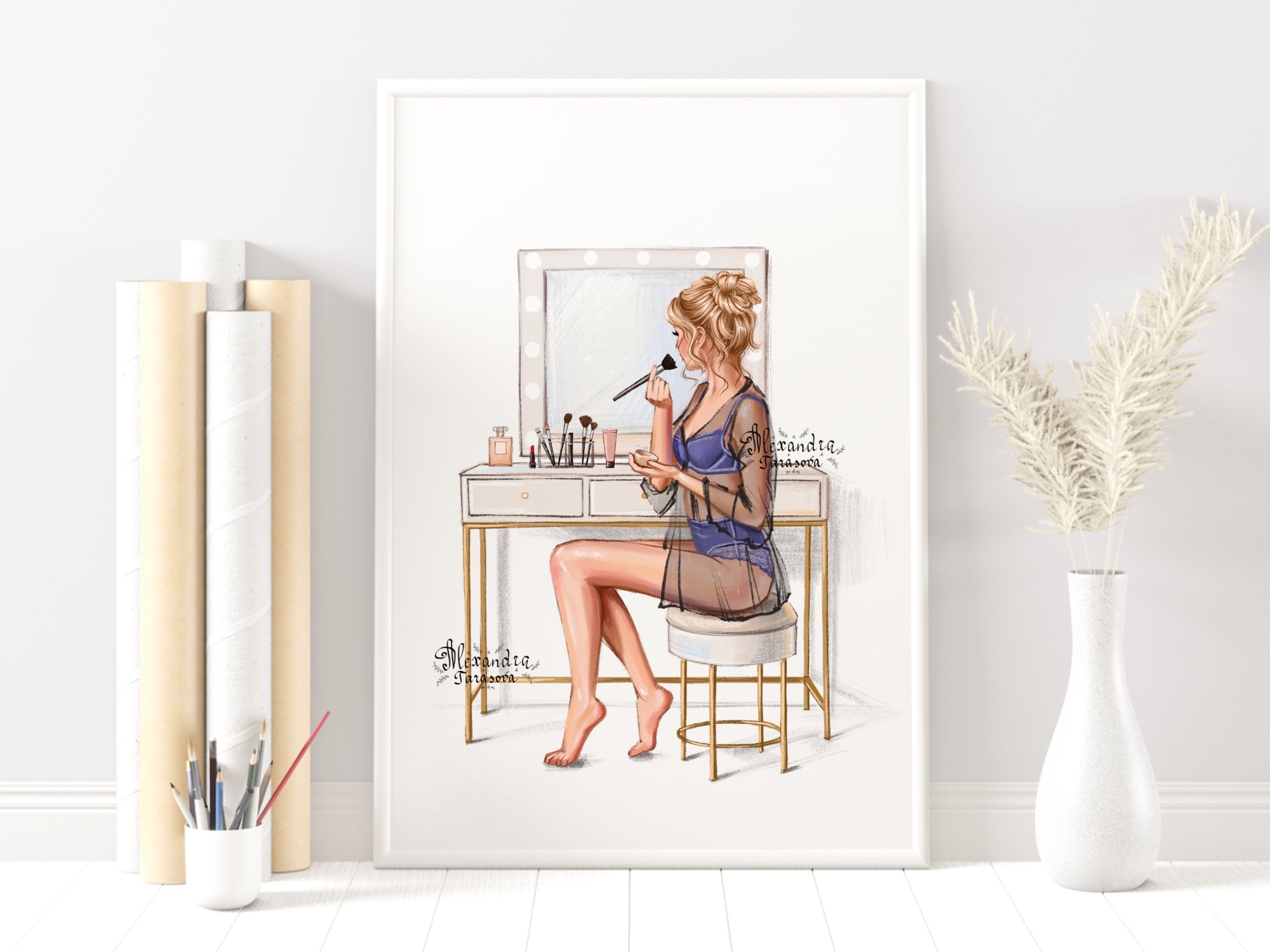 Instant Download Fashion Illustration Stylish Girl Beauty Mirror Cosmetics Clipart Stickers Printable Art Watercolor Painting Trendy Hair