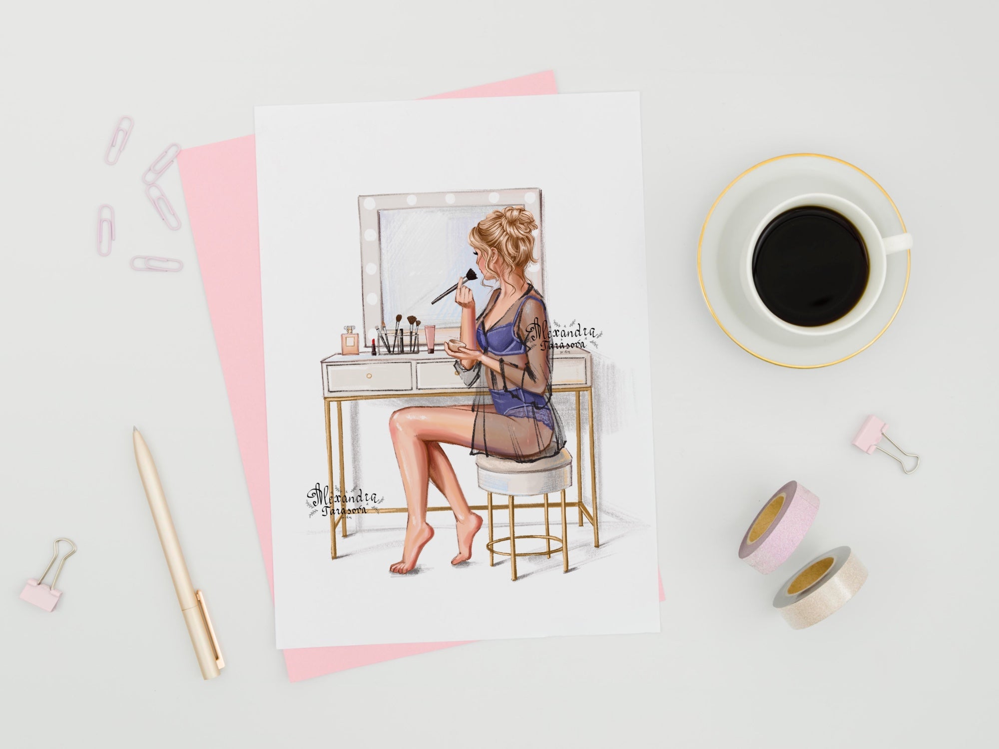 Instant Download Fashion Illustration Stylish Girl Beauty Mirror Cosmetics Clipart Stickers Printable Art Watercolor Painting Trendy Hair