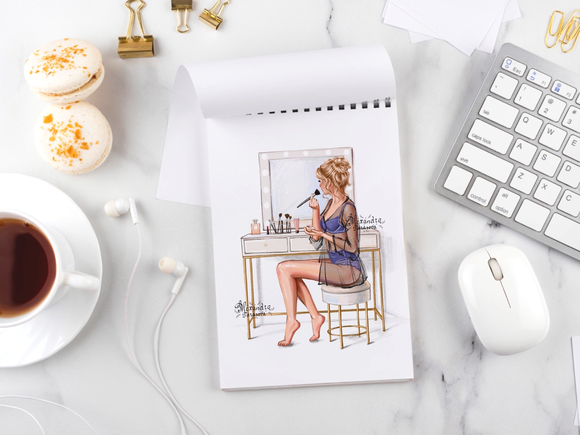 Instant Download Fashion Illustration Stylish Girl Beauty Mirror Cosmetics Clipart Stickers Printable Art Watercolor Painting Trendy Hair