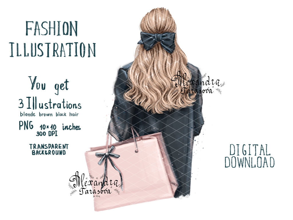 Digital Watercolor Illustration Fashion Girl Black Jacket Shopping Pink Bag Trendy Hairstyles