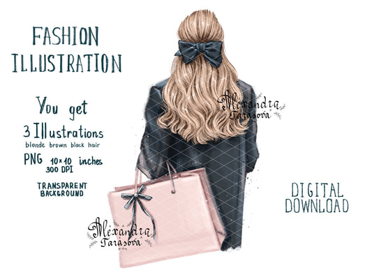 Digital Watercolor Illustration Fashion Girl Black Jacket Shopping Pink Bag Trendy Hairstyles