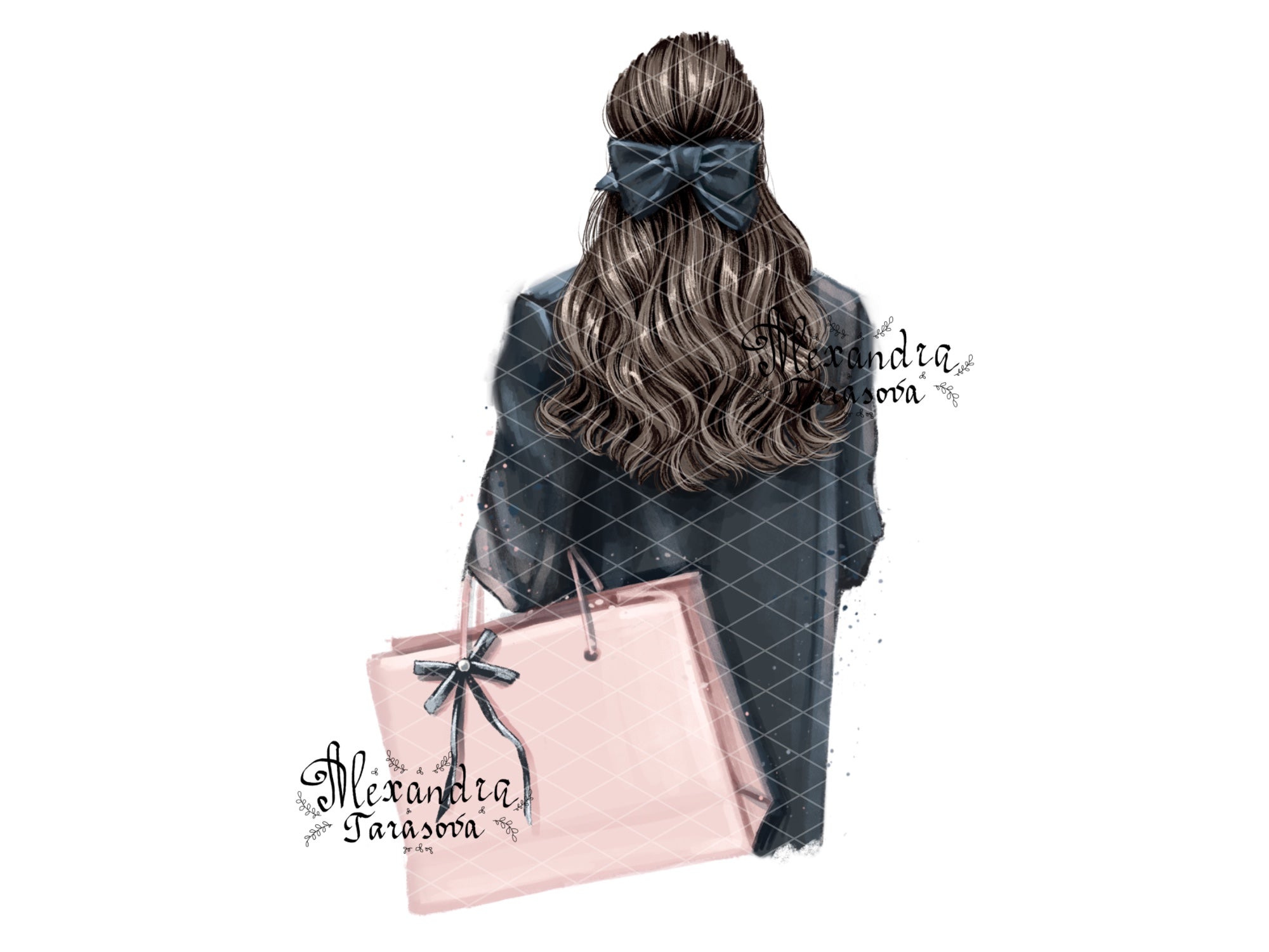 Digital Watercolor Illustration Fashion Girl Black Jacket Shopping Pink Bag Trendy Hairstyles
