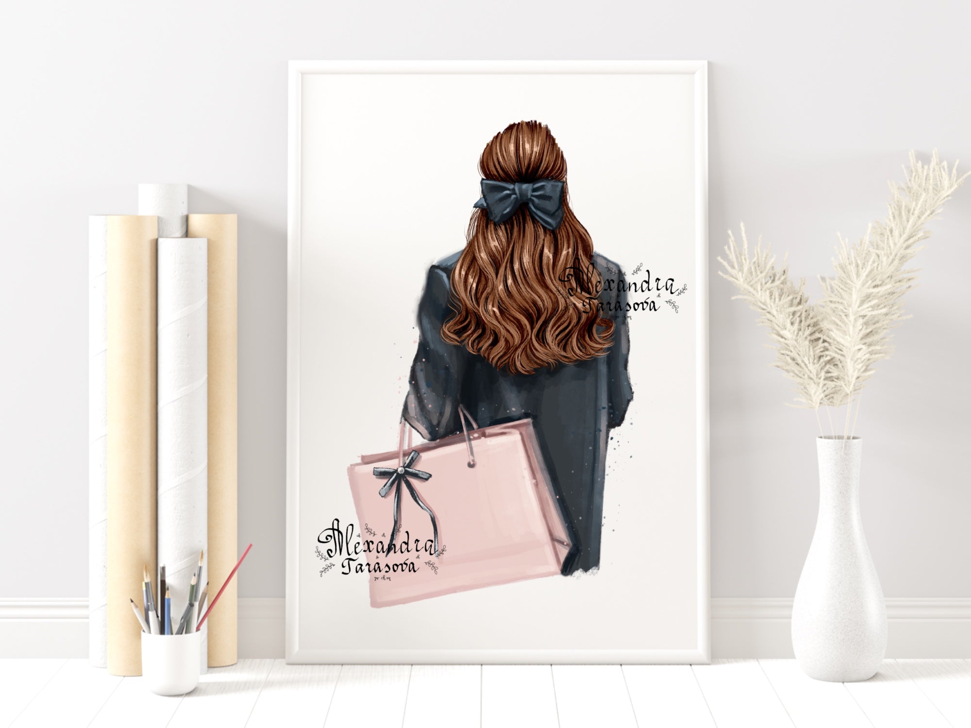 Digital Watercolor Illustration Fashion Girl Black Jacket Shopping Pink Bag Trendy Hairstyles