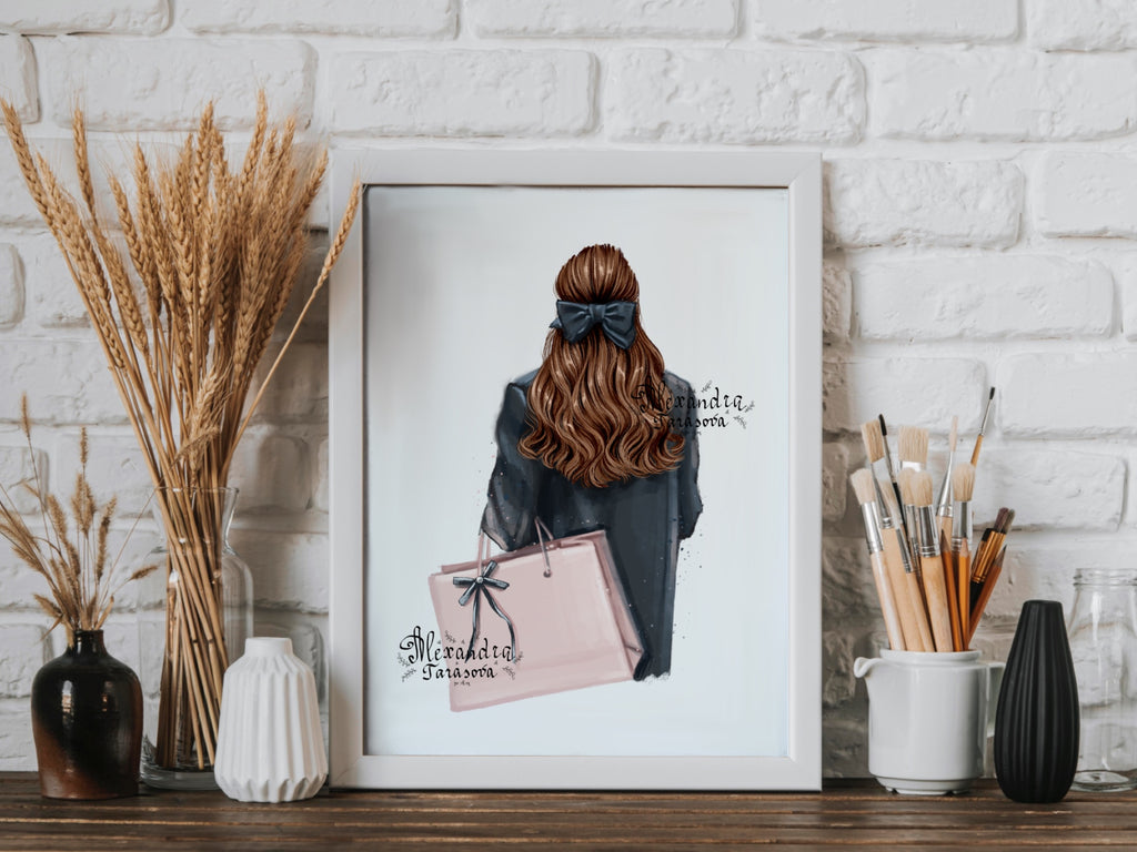 Digital Watercolor Illustration Fashion Girl Black Jacket Shopping Pink Bag Trendy Hairstyles
