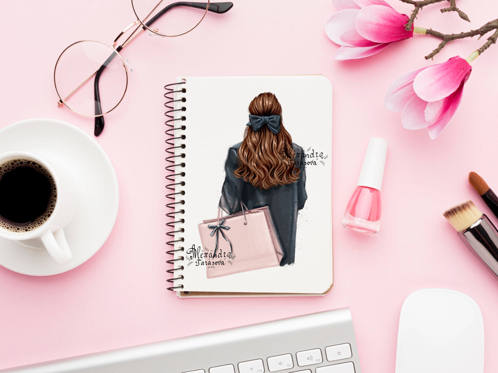 Digital Watercolor Illustration Fashion Girl Black Jacket Shopping Pink Bag Trendy Hairstyles